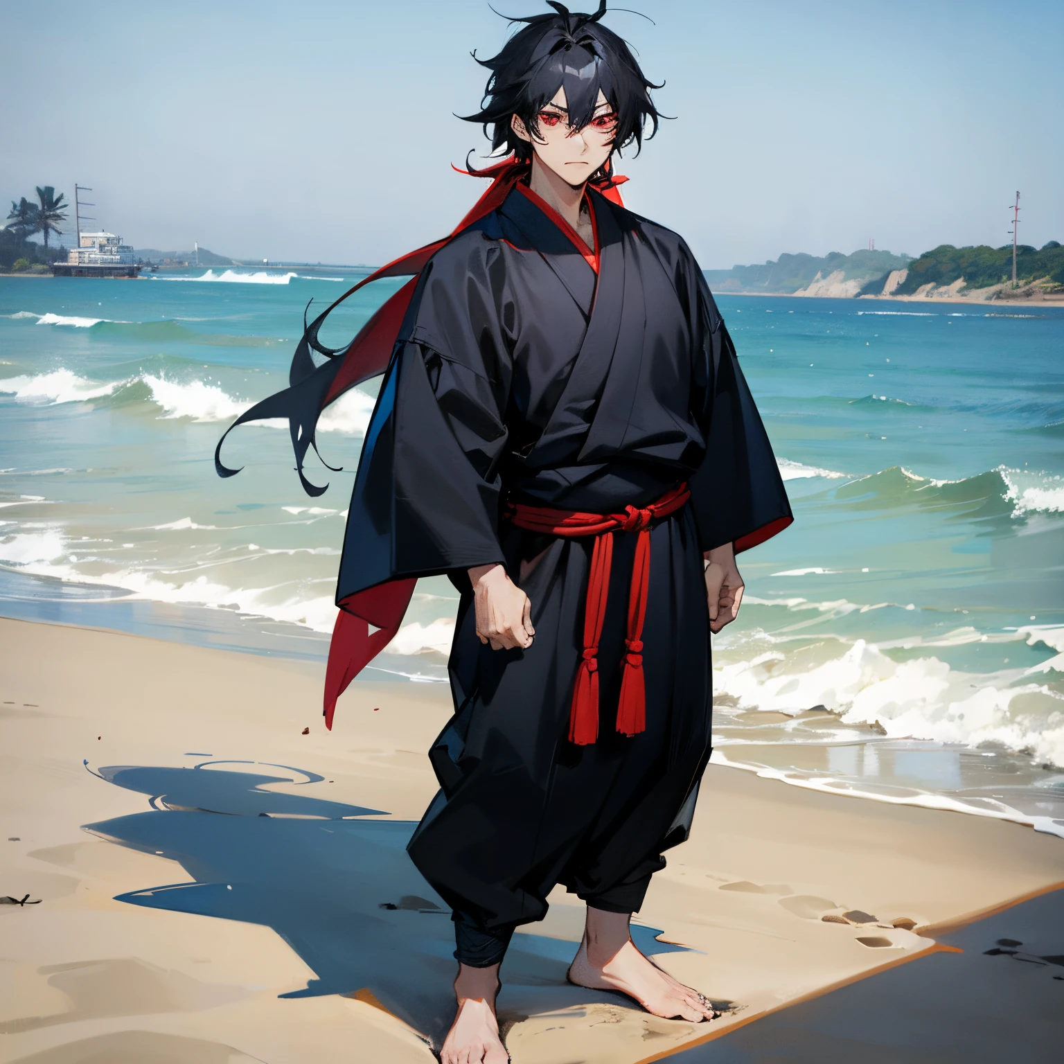 1male , Adult Male , Blue and Black haori , ninja clothing , standing on beach , red eyes , black messy hair