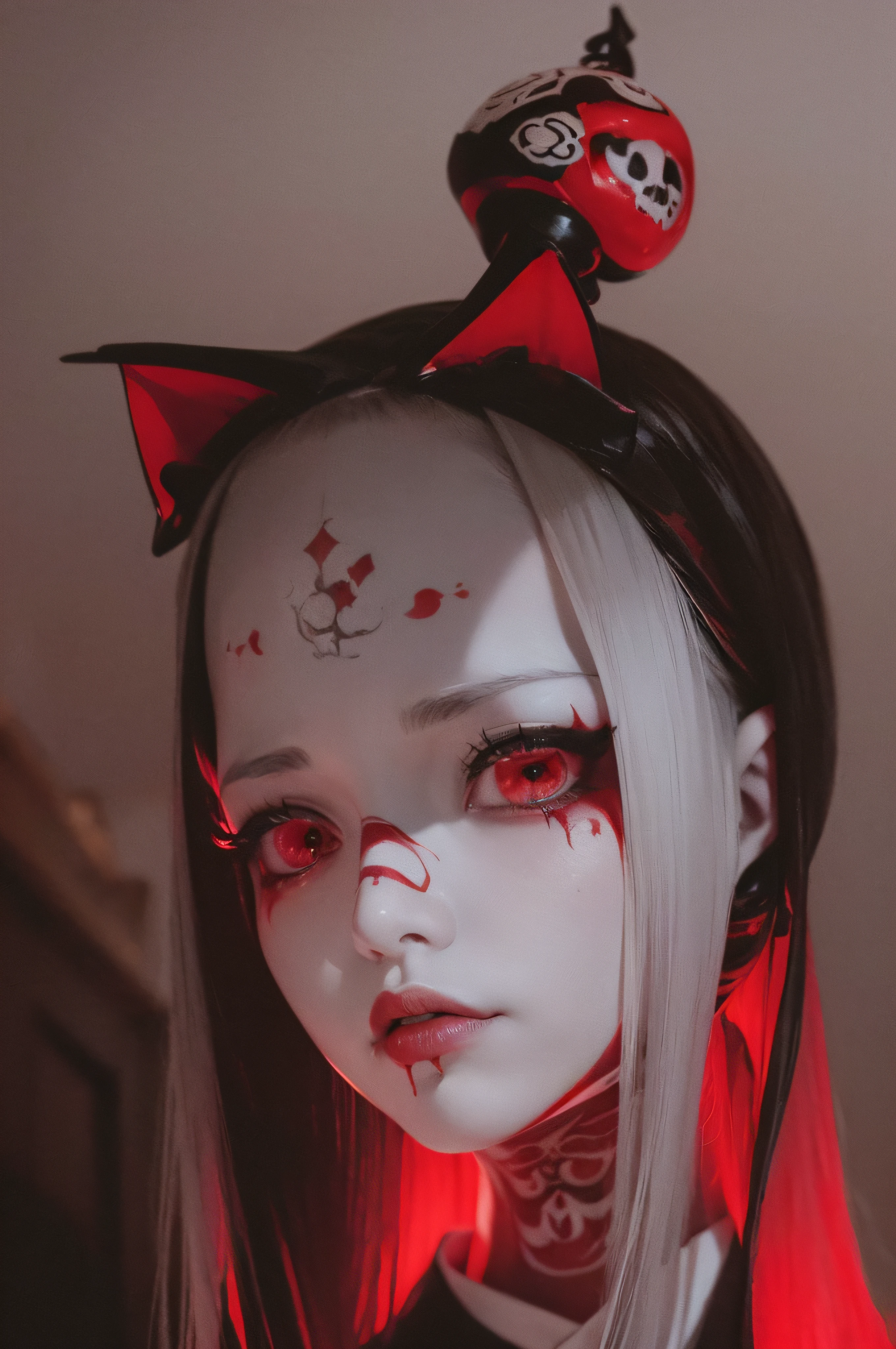 "(The best lighting, oscuro, dramatic),(feto calavera geisha escupiendo tinta roja, Cicatrices, sexy, cerebro, sangre, una rata dentro de la cabeza, terror.),(ojos rojos, calaveras). volumetric light.