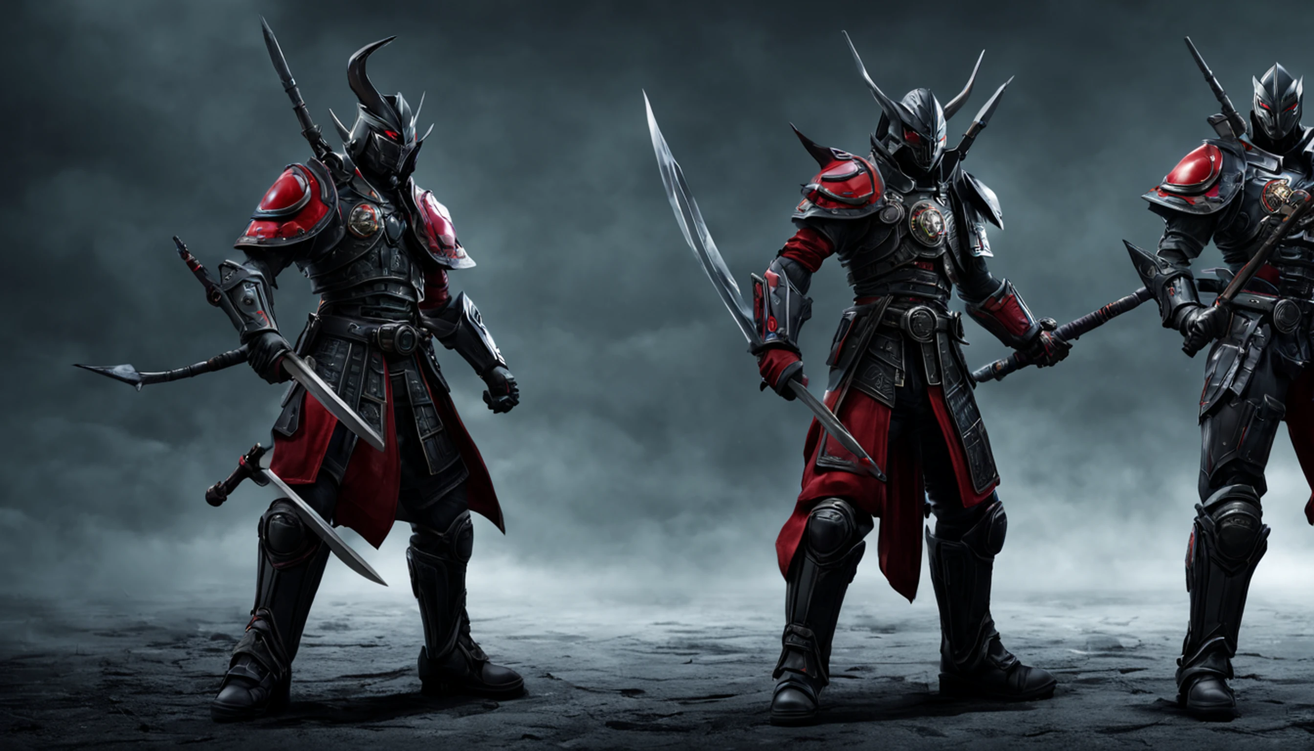 samurai com roupa escura, componentes de robo, com uma espada brilhando vermelho, de frente, fundo escuro, realista,