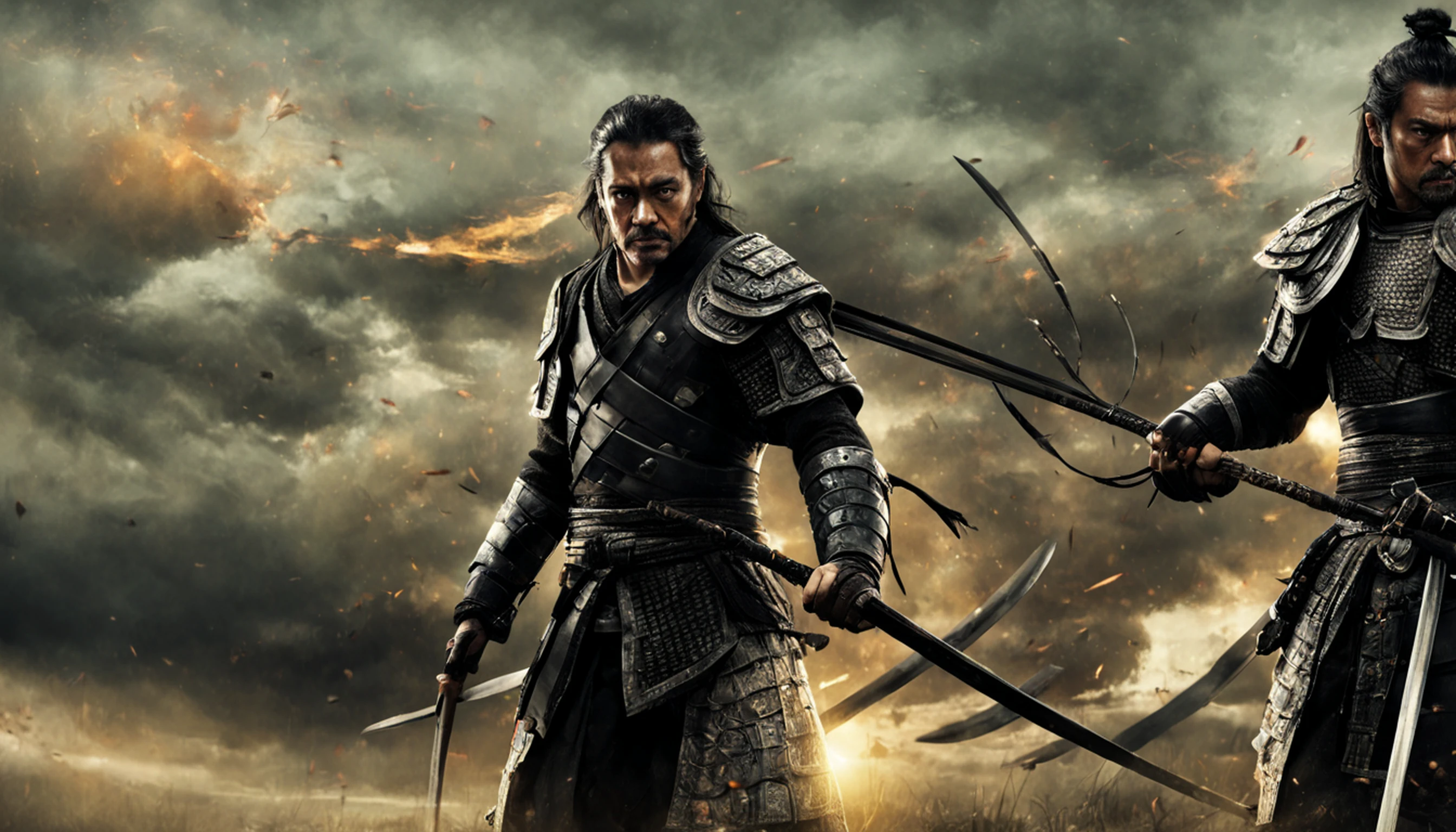 crie um wallpaper de um samurai em um campo de batalha segurando sua katana e vestindo uma armadura pesada