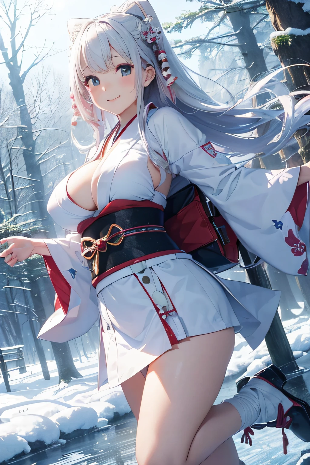 (Best Quality,in 8K,High resolution:1.2),(cute Japanese girls:1.5),(Huge breasts:1.25)、long、Winter Fairy、Oyuki、Nature、Japan Forest、Fantastical、A smile、Brilliant dance、(a white world:1.3)、