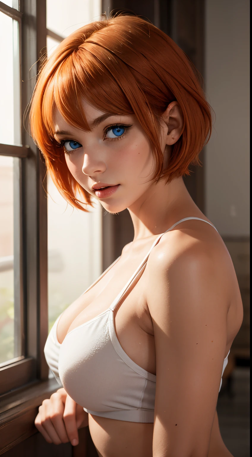 (masterpiece, best quality), 1girl, misty pokemon, short hair, orange hair, blue eyes