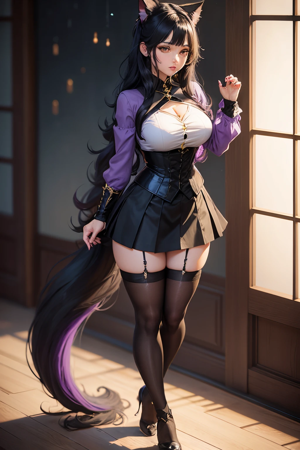 Black long hair, yellow eyes, cat lady, purple blouse, long black tail, claws, black skirt, busty chest, full body, young adult female, standing pose, wizard, fantasy, sexy witch clothes, stockings
