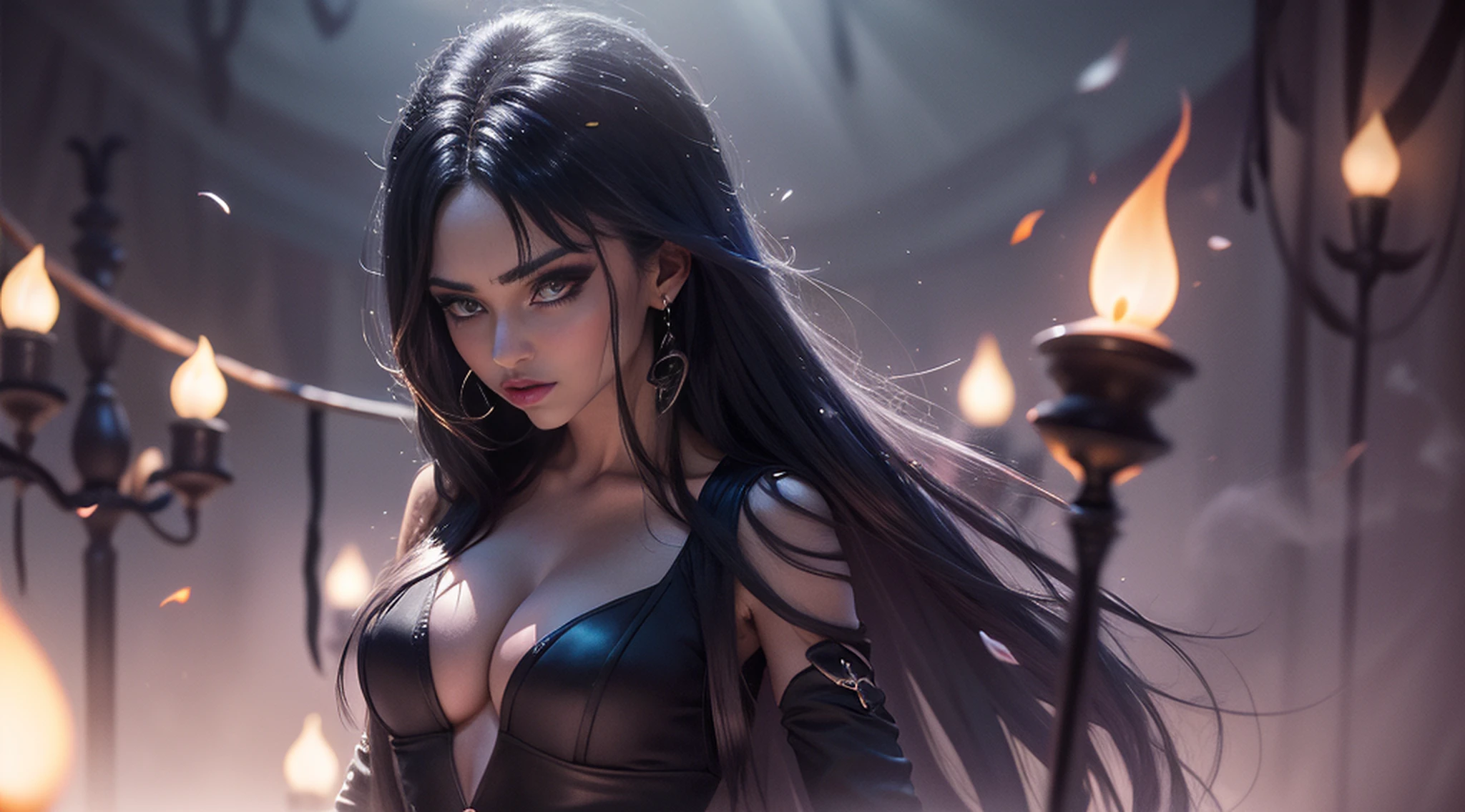fechar_injection, obra prima, melhor qualidade, high resolutions, 1girl, Mulher sensual bonita, gothic wearing, Vestido com um manto preto ricamente decorado, bruxa, bruxa tem, cabelos ondulados, Vestido de Bruxa,joias,salto alto,decote,brincos,pulseira,ombros nus, Magia_Confident Wand Expression, looking at the camera (magical and mysterious background, vagalumes, glittering particles, Ethereal fog, Faint darkness, magic symbols, Ervas, E velas acesas), high saturation, luz do filme, Luz de borda, Melhores sombras, (Lente utilizada: primo 50mm:1.3), (CAMERA MODEL: Sony Alpha a7R IV Quadro Completo:1.3), (Meticulously crafted lighting creates a mysterious ambiance:1.2),