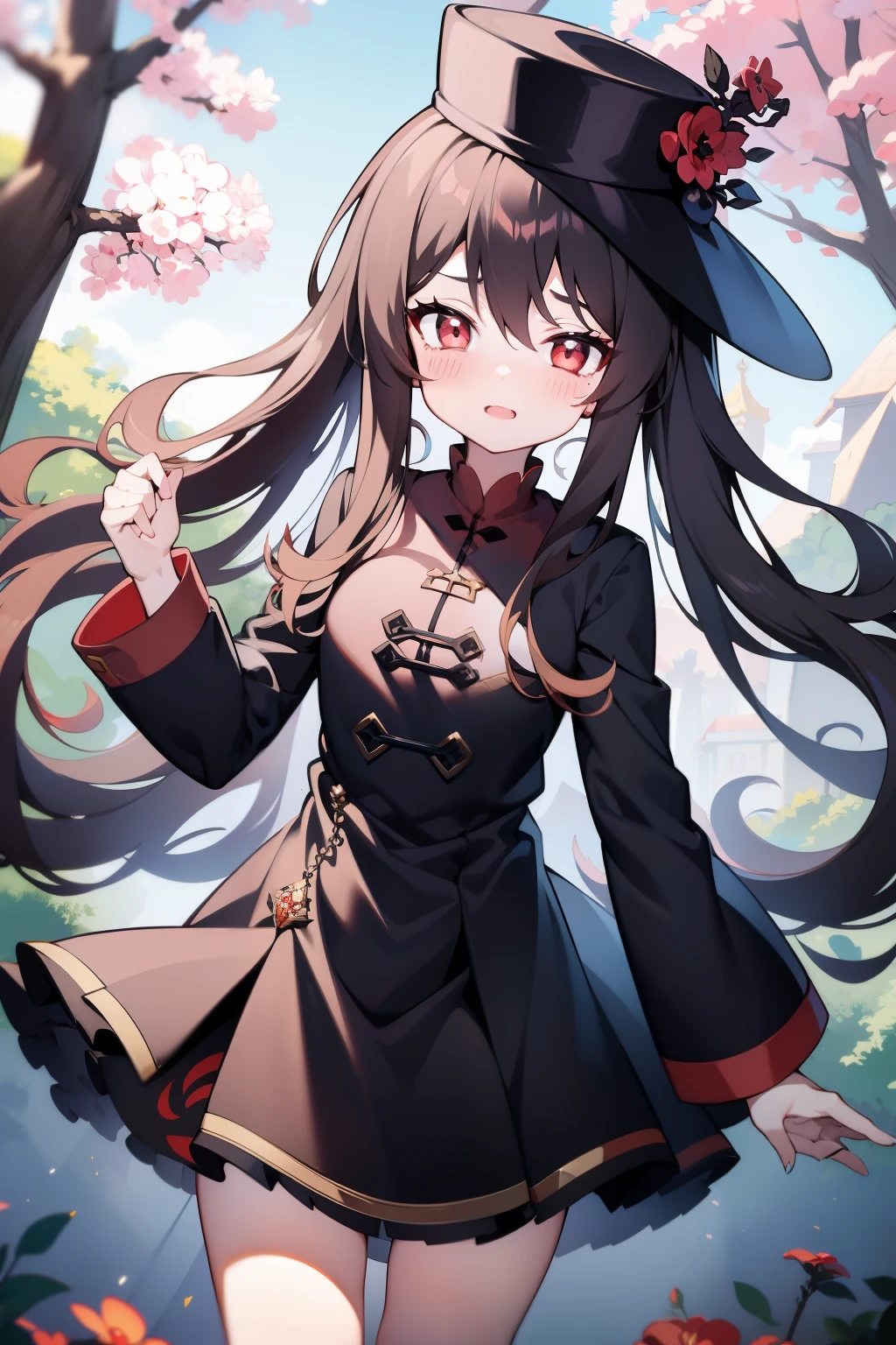 1girll,HuTao,Masterpiece,Best quality,Black tiara,dress,Hats,outside,ln the forest