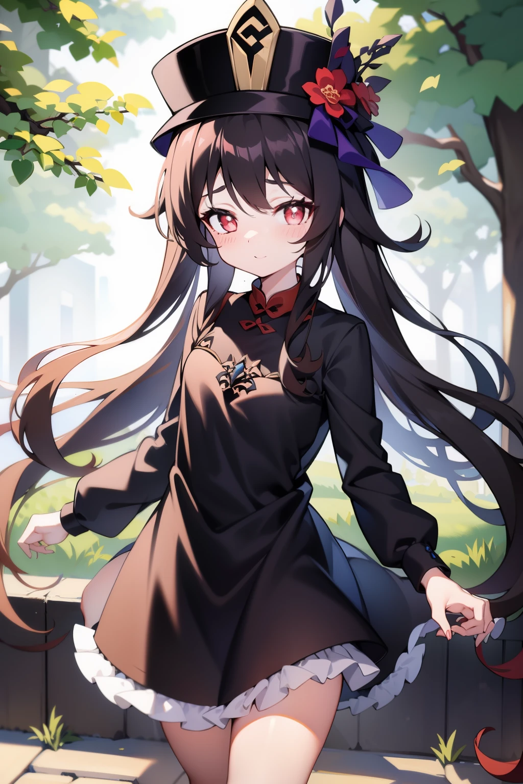 1girll,HuTao,Masterpiece,Best quality,Black tiara,dress,Hats,outside,ln the forest