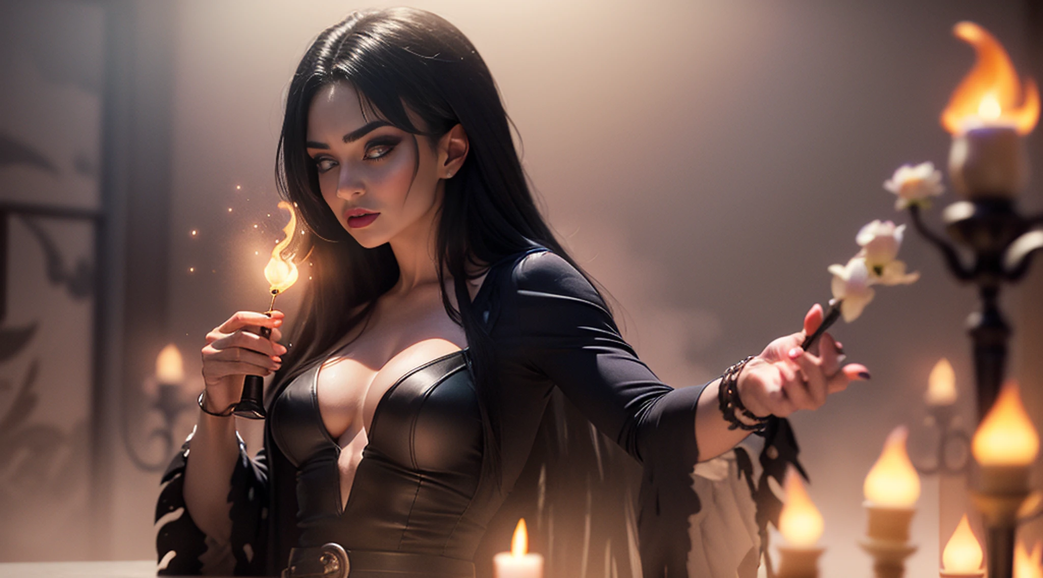 fechar_injection, obra prima, melhor qualidade, high resolutions, 1girl, Mulher sensual bonita, gothic wearing, Vestido com um manto preto ricamente decorado, bruxa, bruxa tem, cabelos ondulados, Vestido de Bruxa,joias,salto alto,decote,brincos,pulseira,ombros nus, Magia_Confident Wand Expression, looking at the camera (magical and mysterious background, vagalumes, glittering particles, Ethereal fog, Faint darkness, magic symbols, Ervas, E velas acesas), high saturation, luz do filme, Luz de borda, Melhores sombras, (Lente utilizada: primo 50mm:1.3), (CAMERA MODEL: Sony Alpha a7R IV Quadro Completo:1.3), (Meticulously crafted lighting creates a mysterious ambiance:1.2),