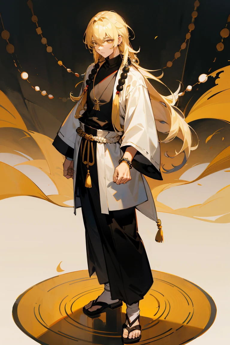 1male, adult, blonde hair, long hair, yellow eyes, black turtle neck, white yukata, prayer beads, bracelets, baggy pants, standing on path, buddhist monastery