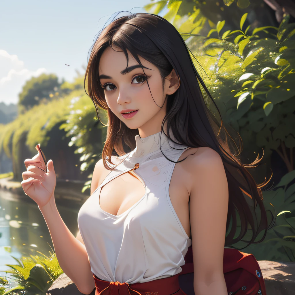 ultra realistic 8k cg, masterpiece, ((ultra detailed background, delicate pattern, intricate details, beautiful legs, highly detailed, best quality fine details, hyper detailed face)), (photorealistic: 1.4), beautiful lighting, absurdities, RAW photo, film grain, BoaHancockV2, 1girl, solo, black hair, long hair, jewelry, closed mouth, (((average breasts, skinny girl))), (red low cut bikini, denim earrings, black eyes, detailed background complex inside island environment with trees, flowers, birds in the sky), ((close-up, portrait)),
