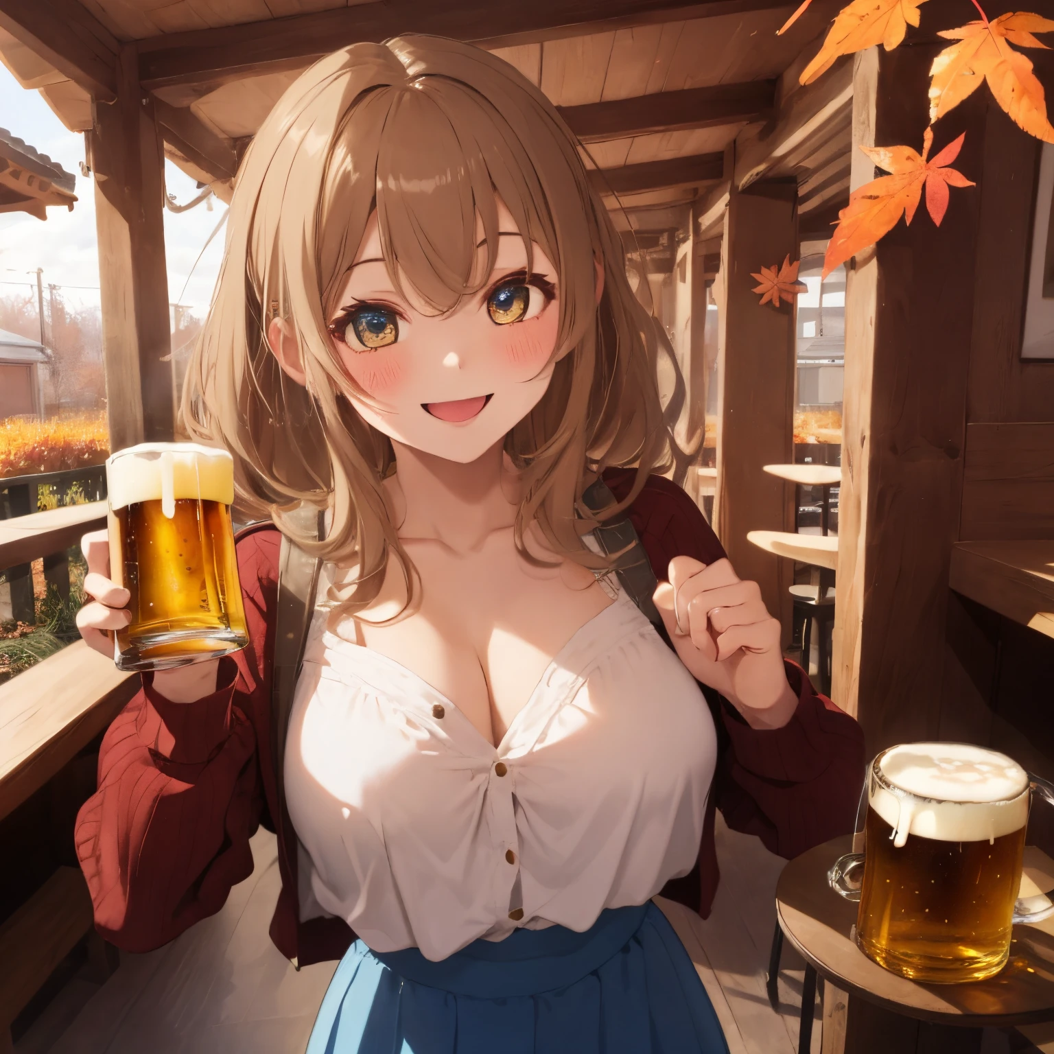 A restaurant full of people with fluffy hair,light brown and white mixed hair,Winter clothes with a wide open chest,Warm long skirt with baggy long sleeves,Autumn landscape,Colored leaves,beer mug in hand,Drinking,cheerful toast pose,Slight red tide,A smile,eyes are shining brightly,Looks excited,AHE Face,ecstacy,Hollow eyes,drunk,My chest is slightly red,Lustrous skin,