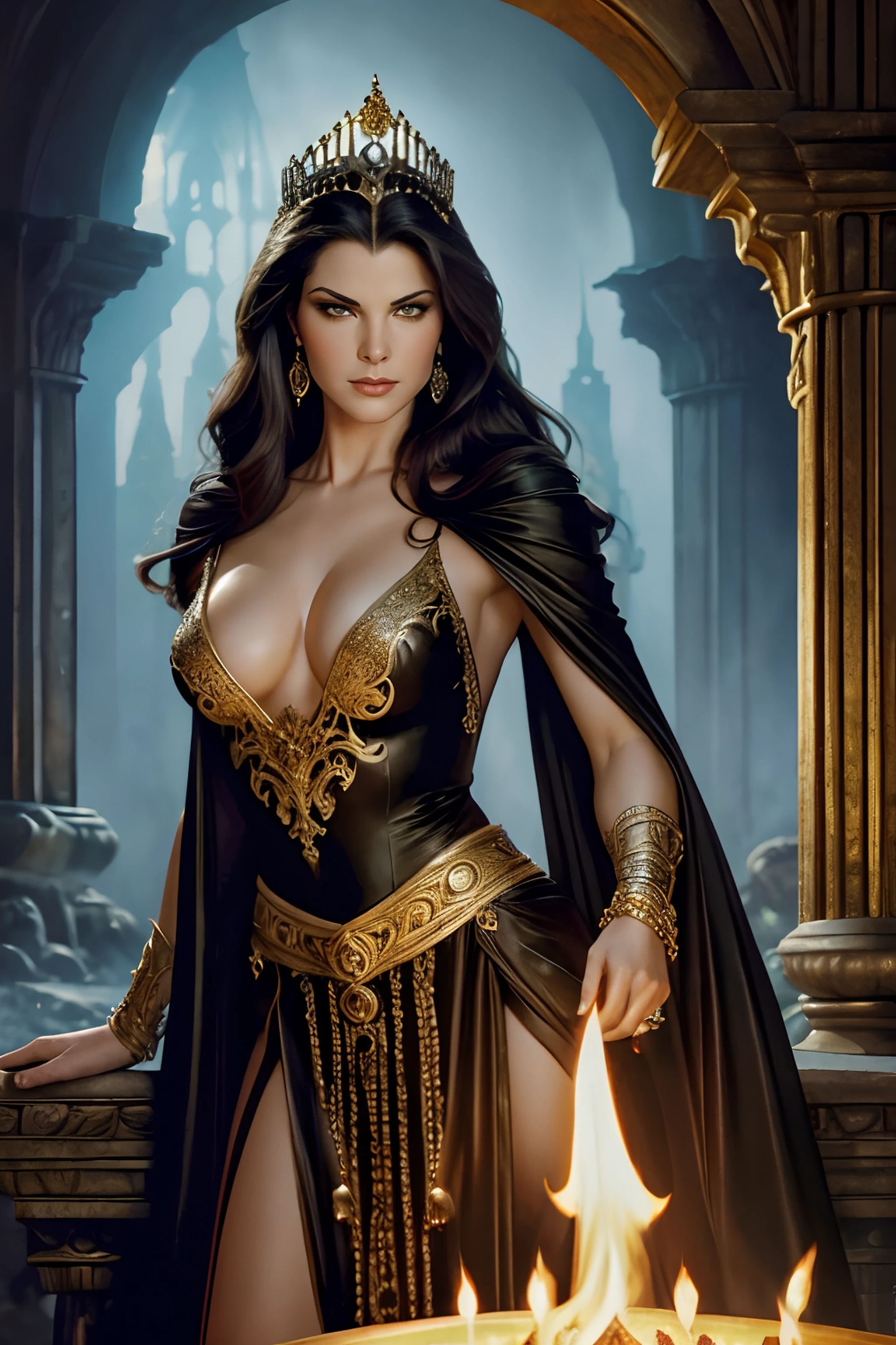 ((realistic:1.5)),((best quality)), ((masterpiece)),((detailed)), a mature stunningly beautiful evil queen, lush dark hair and green eyes, vain and arrogant, sinister, sparkling jewels and jewelry, inside of her elaborate ancient palace, stone walls, burning torches, burning braziers, piles of gold coins, flowing water, atmospheric fog, by Frank Frazetta, by Luis Royo, by boris vallejo,