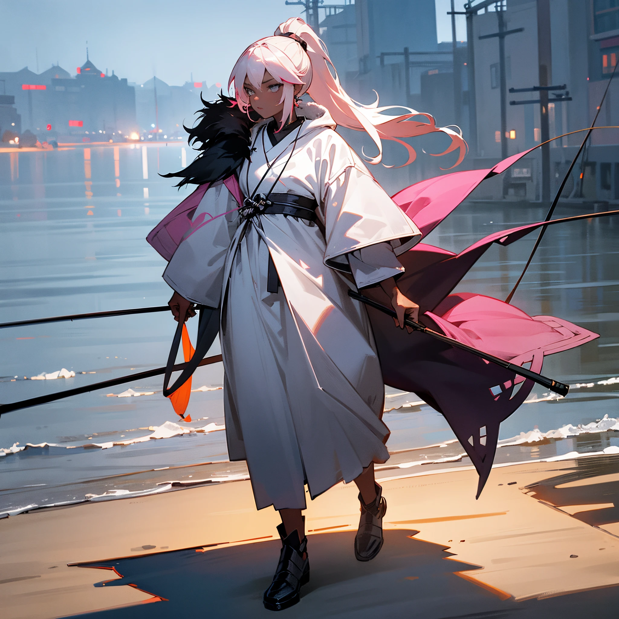 1female, , dark skin, pale blonde low ponytail with pink highlights, finely detailed grey eyes, loose ronin clothes, jacket with oversized fur hood, necklace, best lighting and shadows, night time fishing village, walking down a path,