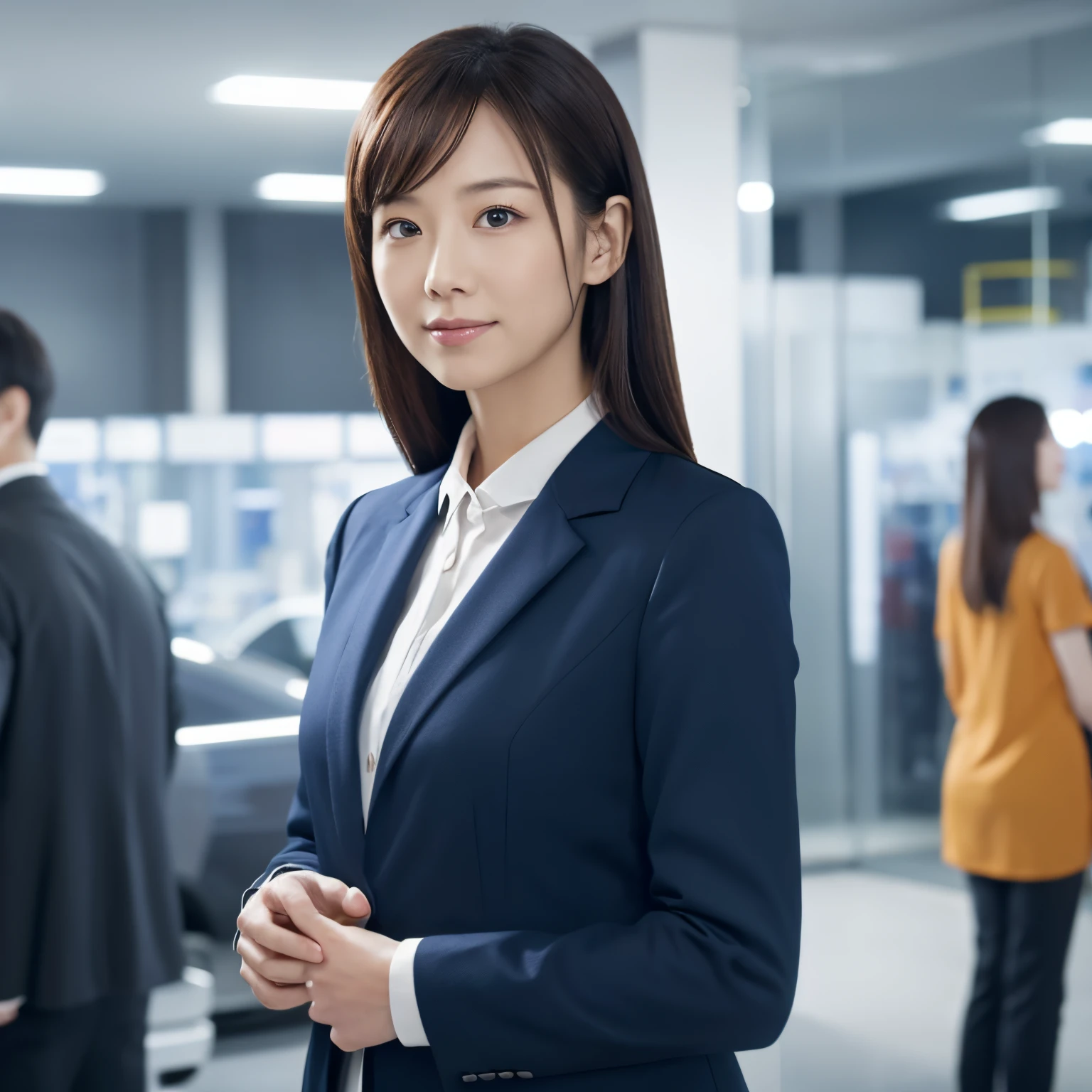 The insurance salesperson in the commercial is facing forward.。The whole body is shown。No background?、simple。