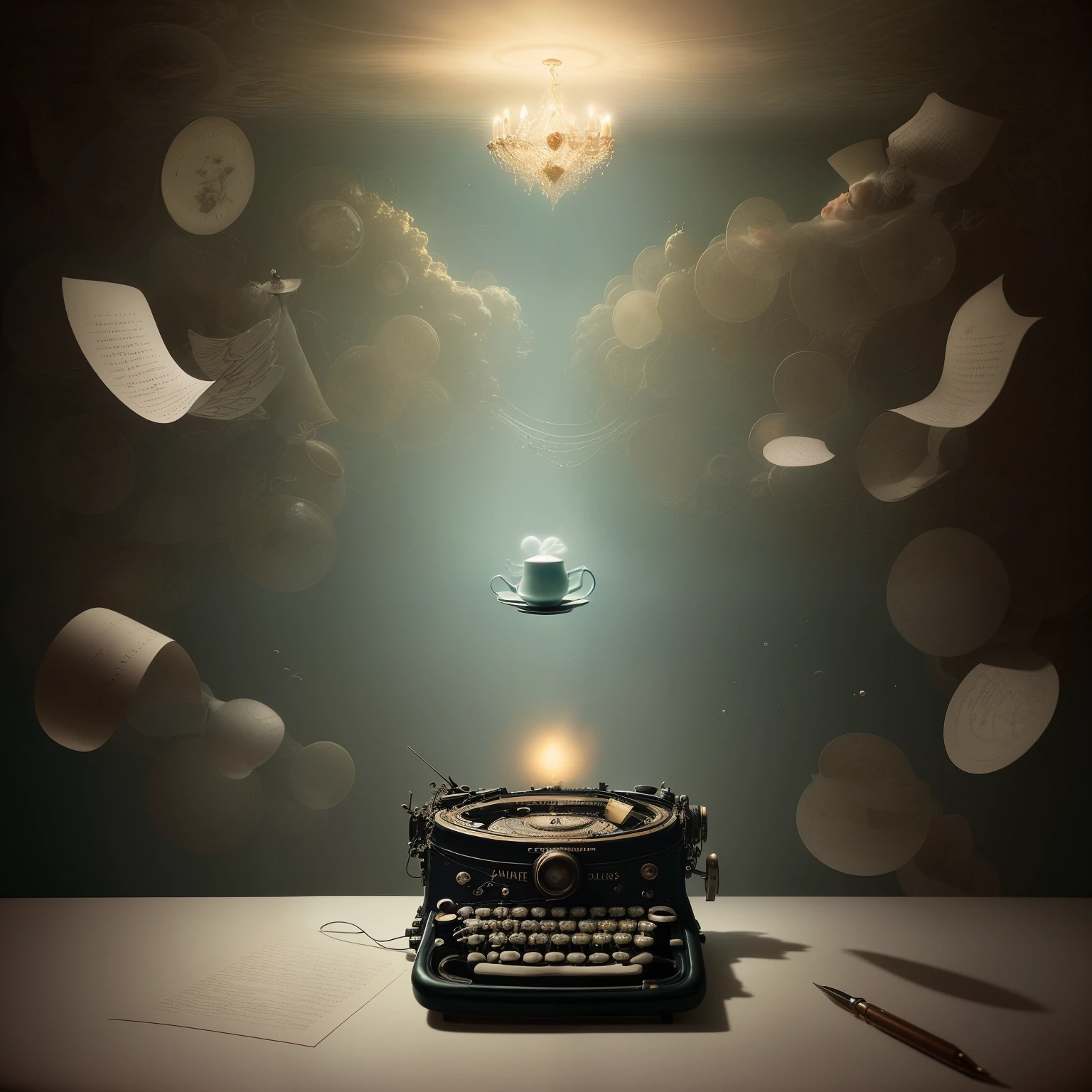 A whimsical and surreal world unfolds before our eyes, a manifestation of Charlie Kaufman's imaginative daydream. The photograph captures the essence of his mind's wanderings, blurring the boundaries between reality and fantasy with a touch of poetic absurdity.

In this dreamlike scene, the ordinary is transformed into the extraordinary. Everyday objects take on a life of their own, defying logic and defying expectations. A floating teacup drifts lazily through the air, pouring an endless stream of surreal thoughts. A typewriter sprouts wings, ready to take flight and pen stories yet to be written. The mundane becomes magical, a testament to the power of Kaufman's boundless creativity.

The environment surrounding the scene is a whimsical blend of nostalgia and contemporary aesthetics. Vintage wallpaper adorned with quirky patterns serves as the backdrop, evoking a sense of familiarity and nostalgia. Vibrant bursts of color punctuate the frame, adding an element of playfulness. It's a space where time bends and reality warps, allowing the imagination to run wild.

The mood is one of introspection and introspection, a reflection of Kaufman's penchant for exploring the human condition. It's a dreamlike state where humor coexists with melancholy, where the absurdity of life is embraced with a tender touch. It's a daydream that invites contemplation and invites the viewer to question the nature of reality.

Captured through the lens of a vintage camera, the photograph exudes a timeless quality. The camera model, a cherished relic, adds a nostalgic charm to the image. The chosen color film type accentuates the dreamlike hues, infusing the scene with a touch of ethereal beauty. The lens details and techniques employed by the photographer capture the essence of Kaufman's vision, blurring the line between fantasy and reality.

In an unlikely collaboration, the minds behind this scene include visionary artists who