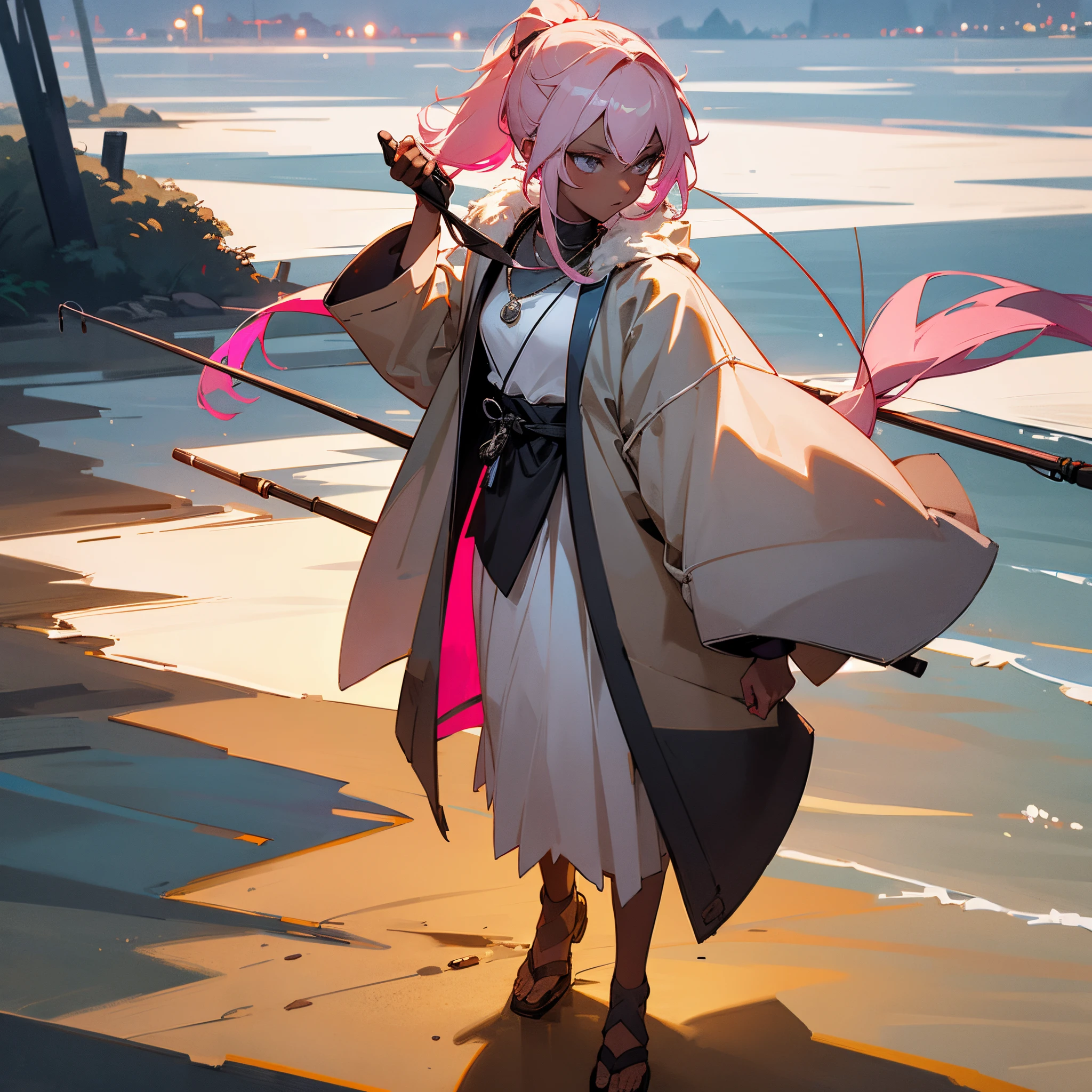 1female, teen, dark skin, pale blonde low ponytail with pink highlights, finely detailed grey eyes, loose ronin clothes, jacket with oversized fur hood, necklace, best lighting and shadows, night time fishing village, walking down a path,