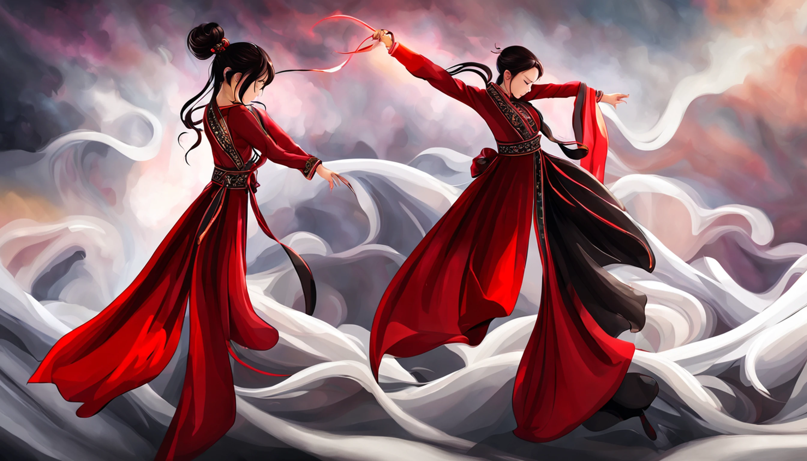 Super high quality, masterpiece, perfect illustration, extreme detail (exquisite light and shadow, highly dramatic picture,) Stroke, 1 girl, solo, (wearing red, black and white Hanfu,) flower field, flowers, (white smoke:1.3) (Realistic:1.4), Zen entanglement, tangled, official art, Unity 8k wallpaper, super detailed, beautiful and beautiful, masterpiece, best quality, (dynamic angle: 1.4), glowing skin, (floating colorful flashes: 1) the most beautiful chaotic forms, elegant, brutalist design, Bright colors, romantic depth of field exotic_dance, half_naked