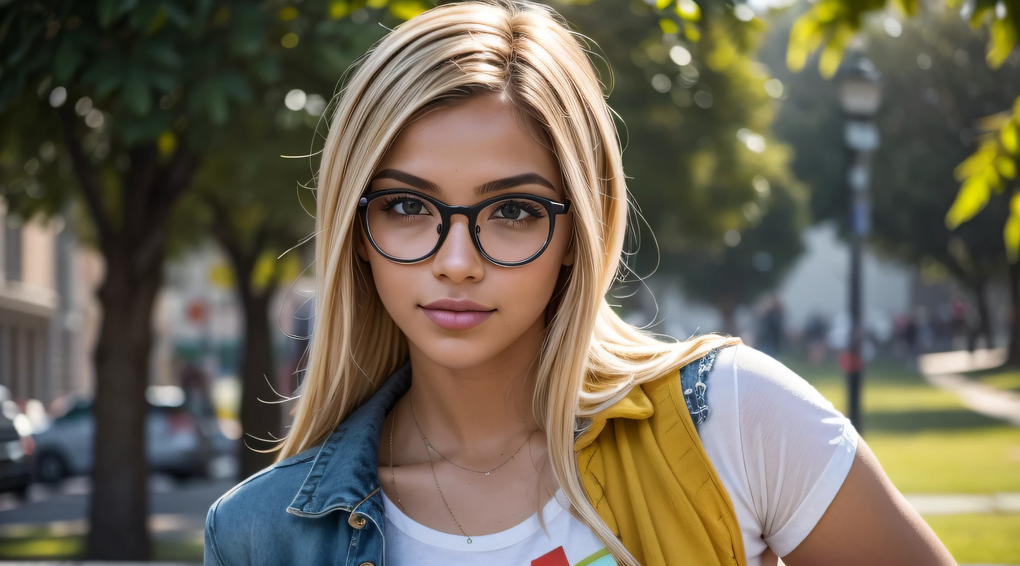 In the soft glow of a sunny afternoon on the college campus, um modelo confiante e vibrante com short, cabelo loiro adornado com as cores do LGBTQI+ espectro exala individualidade e orgulho. With fair skin and a pair of stylish glasses, ela adiciona um toque intelectual ao seu conjunto expressivo e colorido. Vestida com uma roupa moderna, the model shows her unique style. A luz do sol banha o campus com calor, casting a soft play of light and shadows in the environment. The camera expertly captures the subtle details of your appearance, destacando as texturas de suas roupas e os elementos naturais do ambiente. Seu curta, Blonde hair is a canvas for a playful display of LGBTQI+ Cores, creating a dynamic and attractive effect. Colors are carefully woven into the hair, symbolizing inclusion and diversity. Glasses add a touch of sophistication, complementando o visual geral. Facial features are carefully portrayed, capturing the essence of confident and expressive behavior. The glasses enhance the model's intellectual appeal, while his engaging gaze adds depth and personality to the scene. Camera angles offer multiple perspectives, capturing the model in motion as she navigates the campus scene. As cores vibrantes de seu cabelo se destacam no verde, creating a visually stunning and celebratory display of individuality and pride. This detailed image aims to celebrate the radiant diversity and unique style of a short length model., cabelo loiro adornado em LGBTQI+ Cores, wearing glasses and confidently embracing your identity on a college campus.