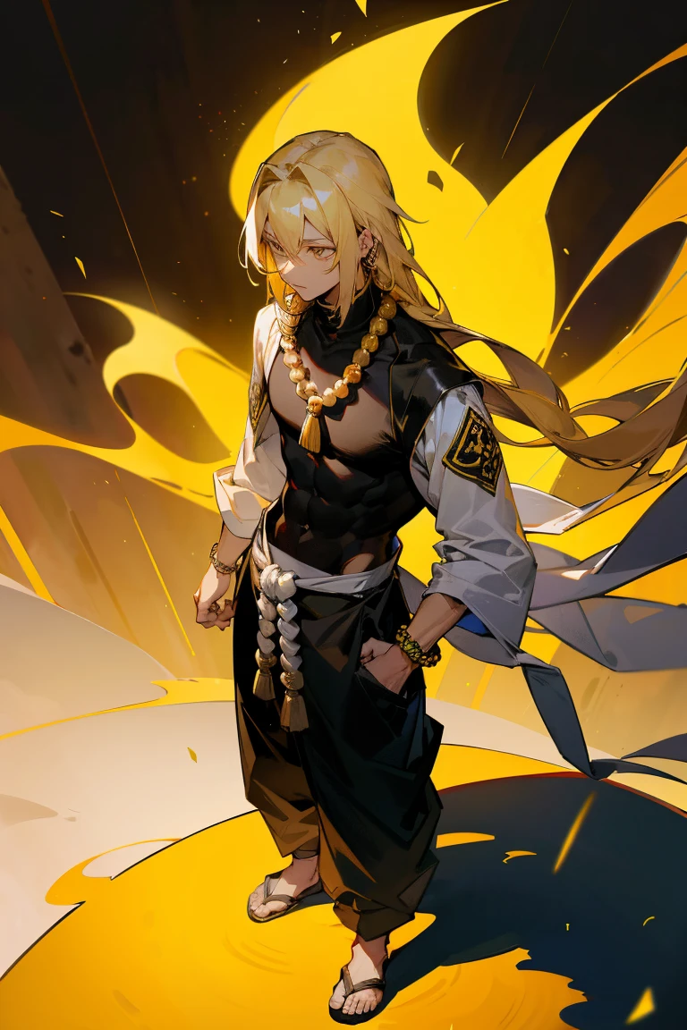 1male, adult, blonde hair, long hair, yellow eyes, black turtle neck, white yukata, prayer beads, bracelets, baggy pants, standing on path, buddhist monastery, muscular