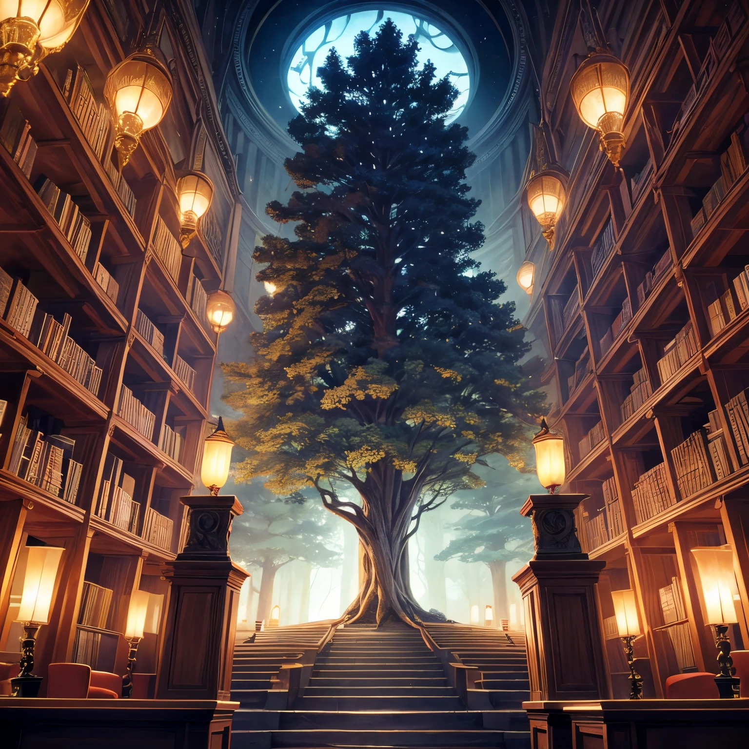 Tree of knowledge surrounded by bookshelves, spiraling high tree in the middle, dark atmosphere, dim light above the tree, enchanting surrounding, source of knowledge