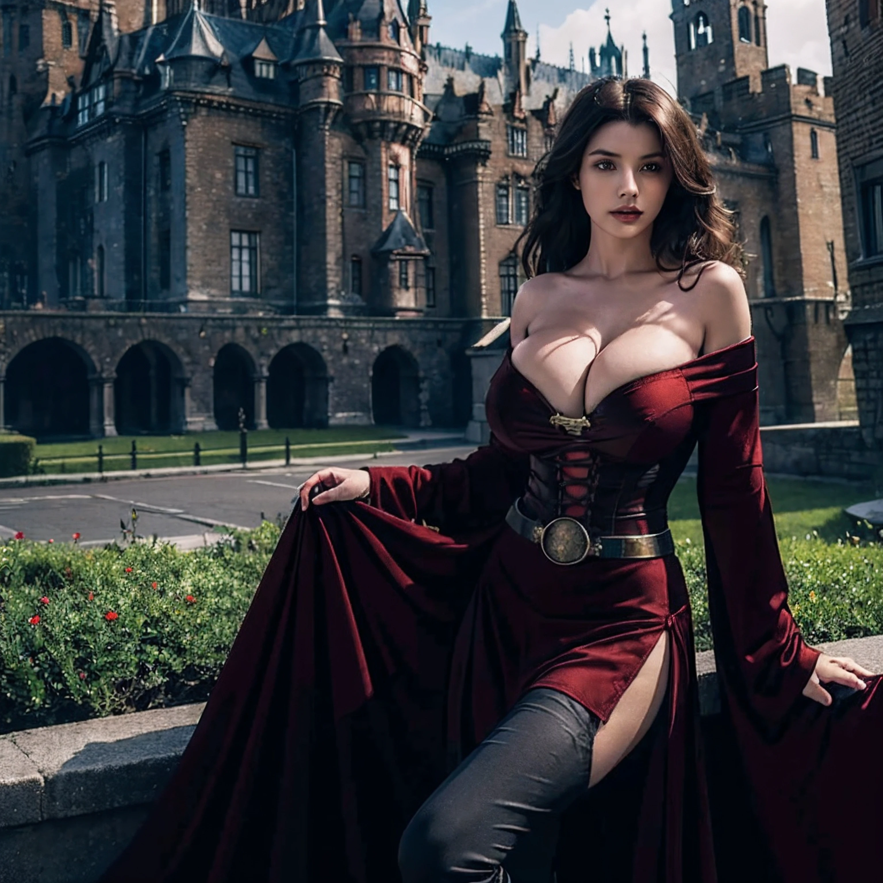 (masterpiece, top quality, best quality, official art, beautiful and aesthetic:1.2), (1girl:1.3), long and curly dark brown hair, extremely detailed, portrait, looking at viewer, solo, (full body:0.6), detailed background, close up, mischievous eyes, (warm summer castle theme:1.1), sorceress, charlatan, smirk, mysterious, walking in courtyard, revealing ((dark red)) sorcerer attire, red knee-length red skirt, off shoulder, straps, long sleeves, loose sleeves, cloak, corset, black leggings, black trousers, black pants, long brown boots, buckles, straps, pouches, magic energy, red fabric, white trim, ((((gigantic breasts, cleavage, skindentation)))), slim waist, slim hips, long legs, medieval (castle exterior:1.1) background, dark mysterious lighting, shadows, magical atmosphere, dutch angle