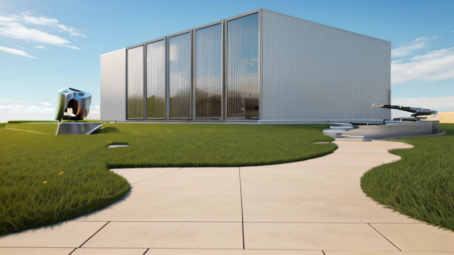 a rendering of a plaza in front of one office building,
stone pathway to building and from right to left,
one steel sculpture on the left and one steel sculpture on the right,
hilly grass between building and plaza,
((nice grass lawn)),
beautiful sky,
daylight, bright daylight,
two-point perspective, human perspective,
realistic, masterpiece, ultra-detailed, 4K, photographic rendering, commercial