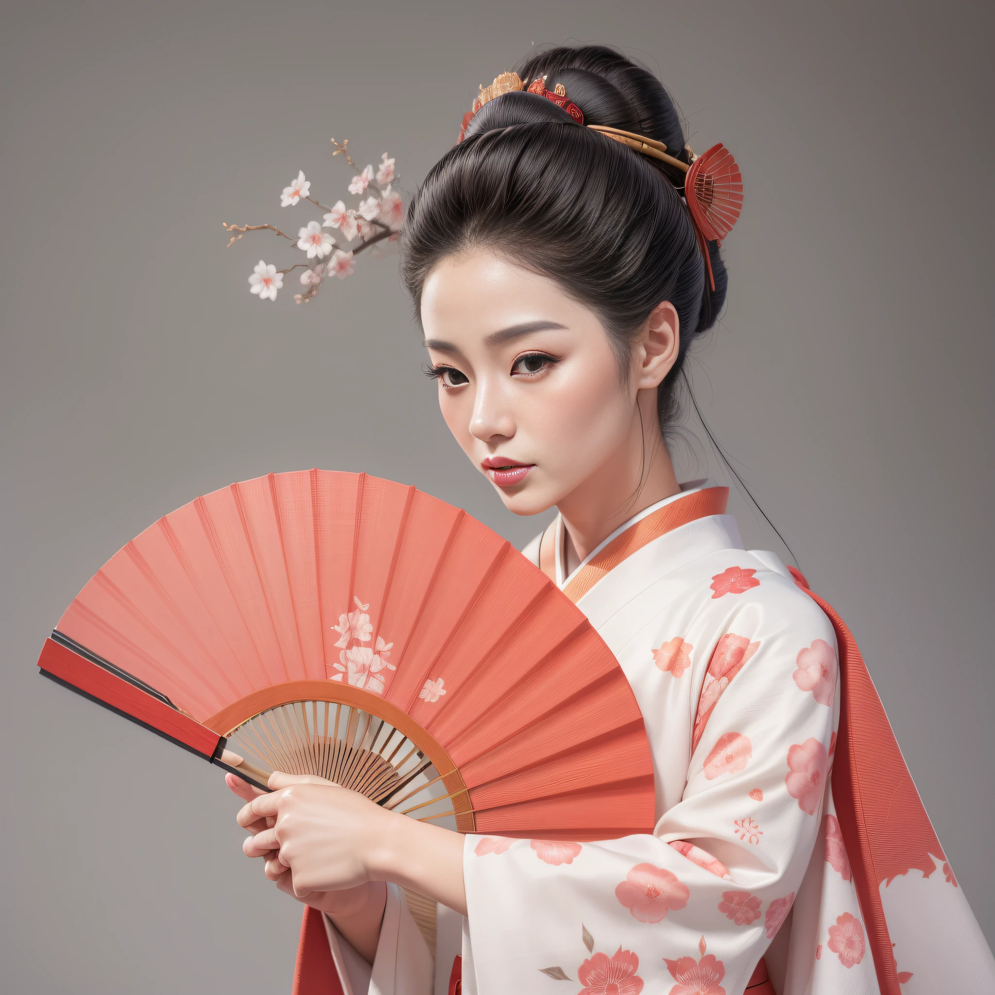 There is a woman in a kimono holding a fan, Portrait of a beautiful geisha, a beautiful art illustration, beautiful digital art, Geisha portrait, Beauty Geisha, female geisha girl, exquisite digital illustration, beautiful character painting, Portrait of a geisha, stunning digital illustration, japanese geisha, cute digital illustration, korean woman, elegant japanese woman.
