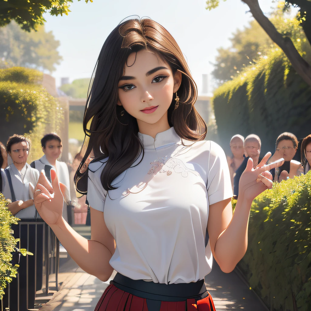 sfw, (Extremely detailed 8k wallpaper:2), (photo:2), (soigne Beautiful girl:2), (gives a lecture to friends:2), detailed (Face and eyes), (hyper realistic:1), (highly detailed:1), (epic realistic:1), rim light, (maximum details:1), cozy, (fullbody:1.3), (looking at viewer:2), (Woman's Attractive Qualities:2), (Attractive Woman:2), (Attractive:2), Smile, Intelligence, Empathy, Gracefulness, Sense of Style, Fitness, Grooming, Optimism, (Sensitivity:2), Sincerity, Romantic Gestures, Playfulness, Fashion Sense, (Sensuality:2), Charm, Modesty, Thoughtfulness, (Femininity:1), Flirtatiousness, Warmth, (Physical attractiveness:2), A beautiful smile, A love of life, strength and power, vulnerability, curiosity, wonder, love, (nature background:2), kawaii, waifu, Beautiful breasts, (attractive body:2), (Beautiful body:2), Beautiful pose, attractive pose, (Beautiful legs:1.0), (spread legs:1.0), (Beautiful clothes:1), (classic clothes:2), (elegant clothes:2), (European clothes:2), detailed clothes, (skirt:1), (blouse:1), (provocative pose)