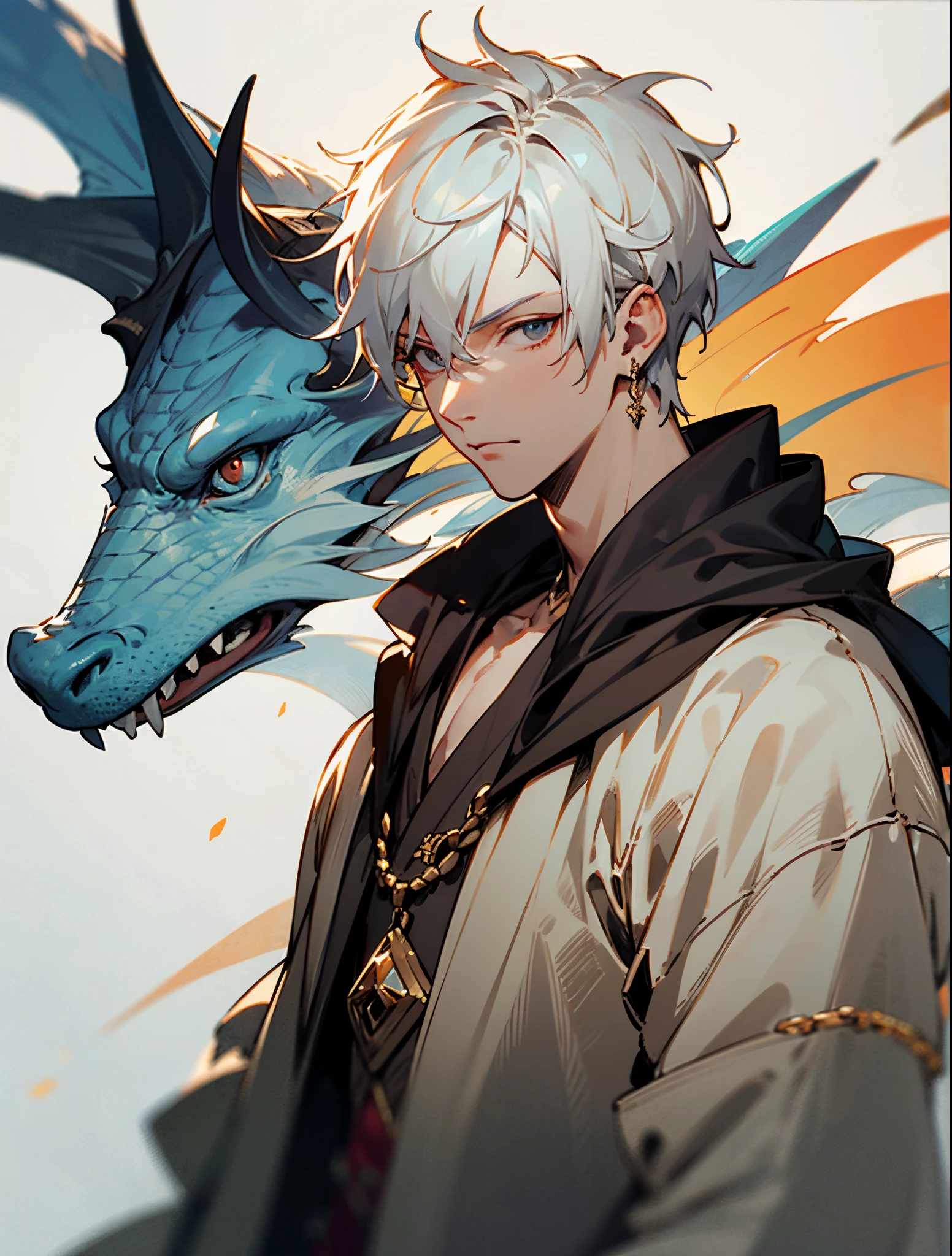 Male with white puffy hair, white eyes, handsome, with tattoo of dragon on his hand, wearing casual clothes, ice mage
