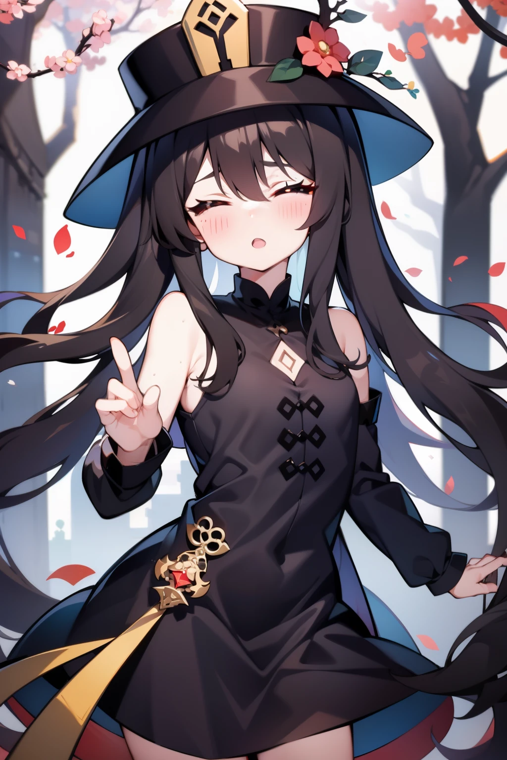 1girll,HuTao,Masterpiece,Best quality,Black tiara,dress,Hats,outside,ln the forest