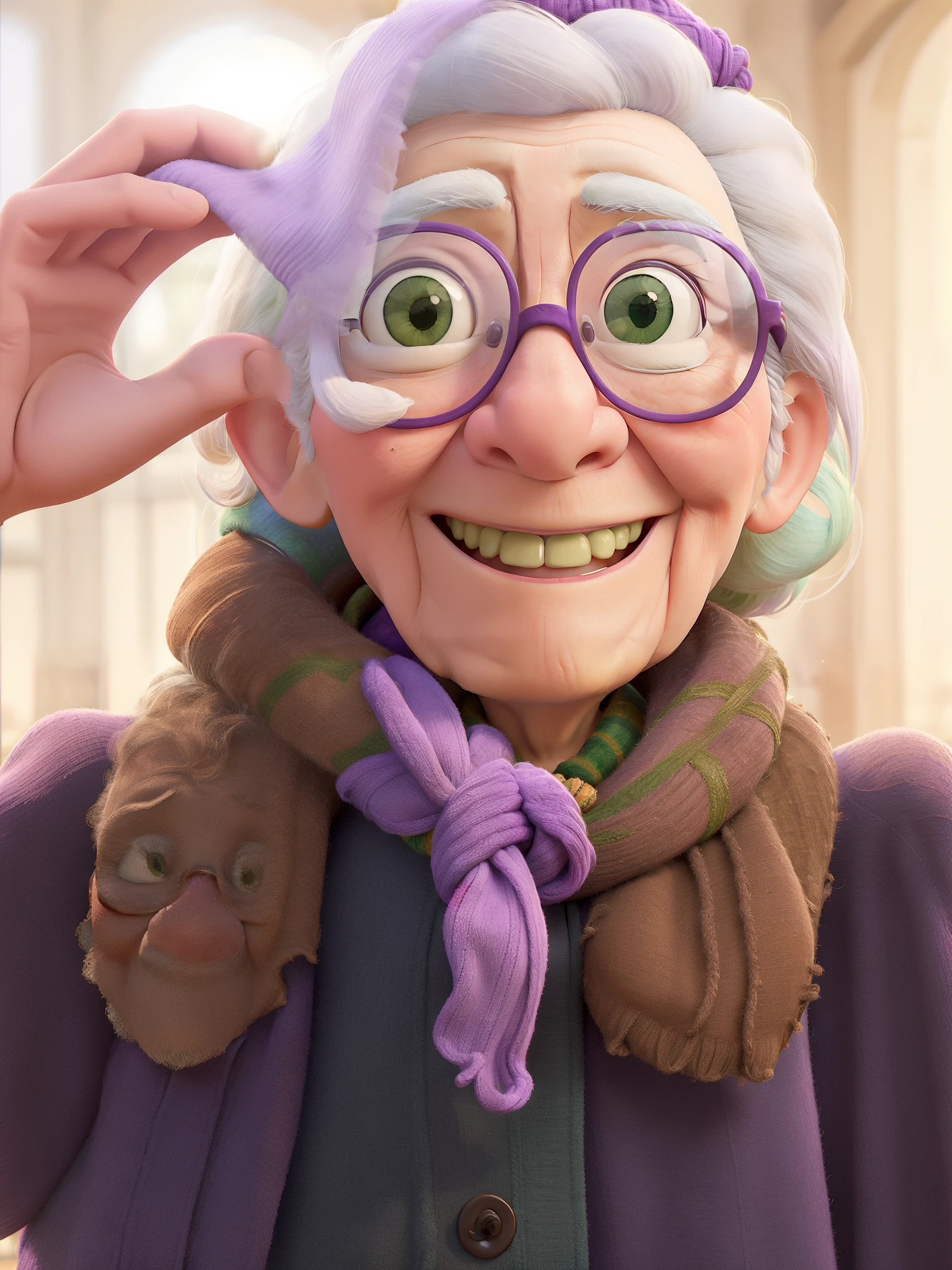 masterpiece, best quality, an old woman with glasses and a scarf on, wearing a purple coat and green scarf, standing at the park