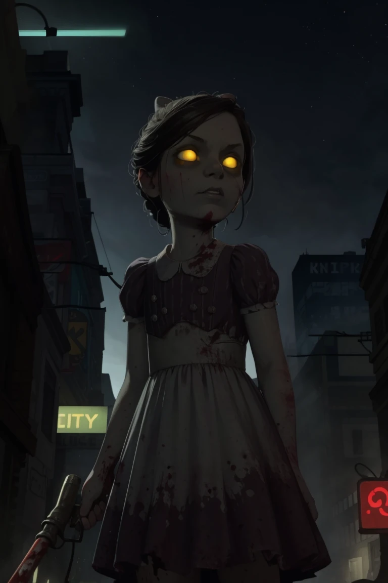 masterpiece, best quality, 1girl, lilsis, dirty, blood, muddy dress, black hair, dress, horror \(theme\), solo, yellow eyes, dark, yellow sclera, glowing eyes, solo, dark, city background, night sky, neon city light