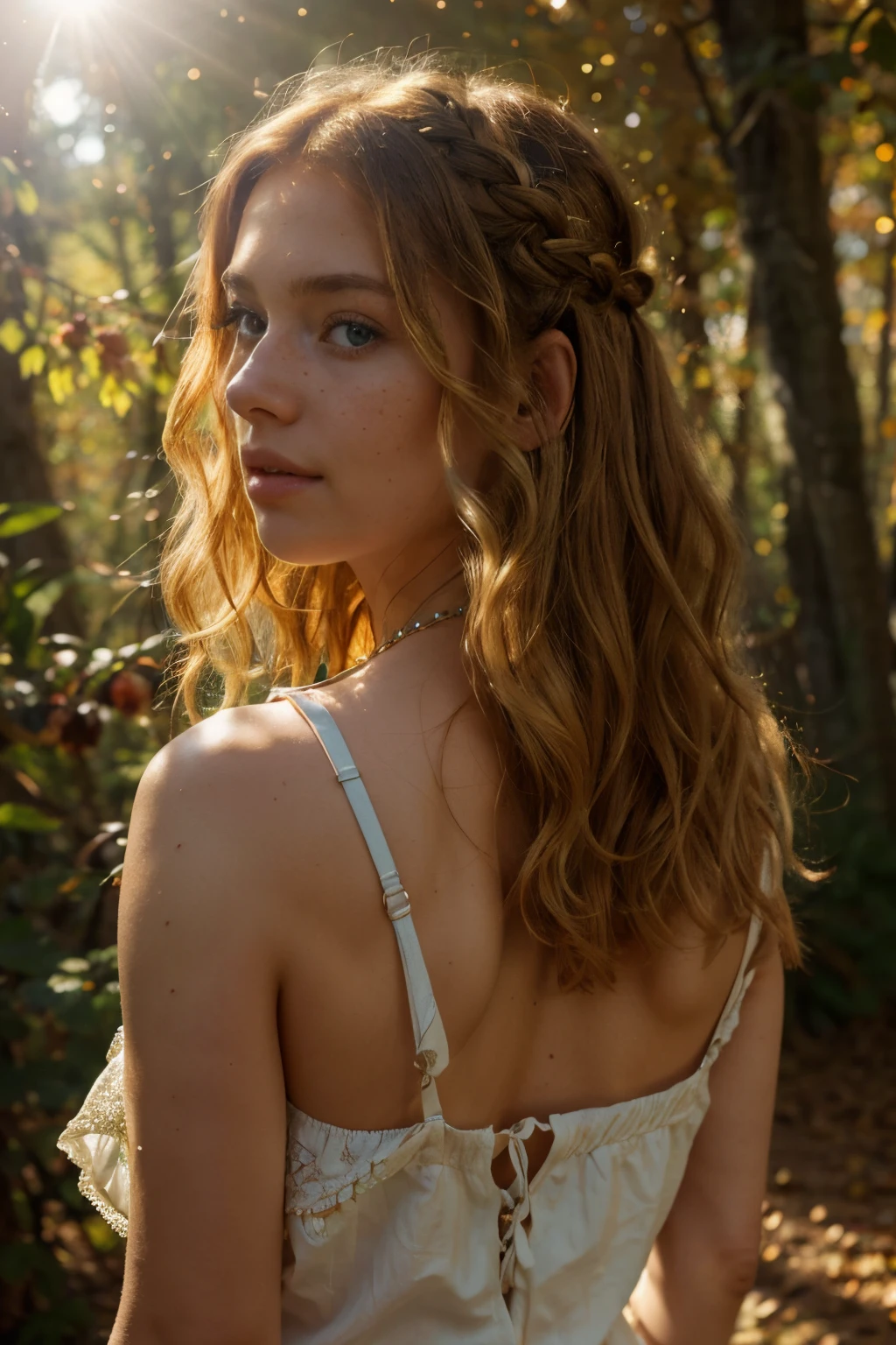 The character is crouched with their back turned, showcasing bright strawberry-blonde hair adorned with freckles. At 30 years old, they boast a 38-inch bustline, full lips, and captivating green eyes, all complemented by amber strands and beads. Basking in the sunlight amidst the beauty of the autumn forest, the character wears a boho summer dress that accentuates their curls. The scene is captured in an ultra-detailed, dreamlike image with an 8K resolution, conveying a translucent and ethereal quality.