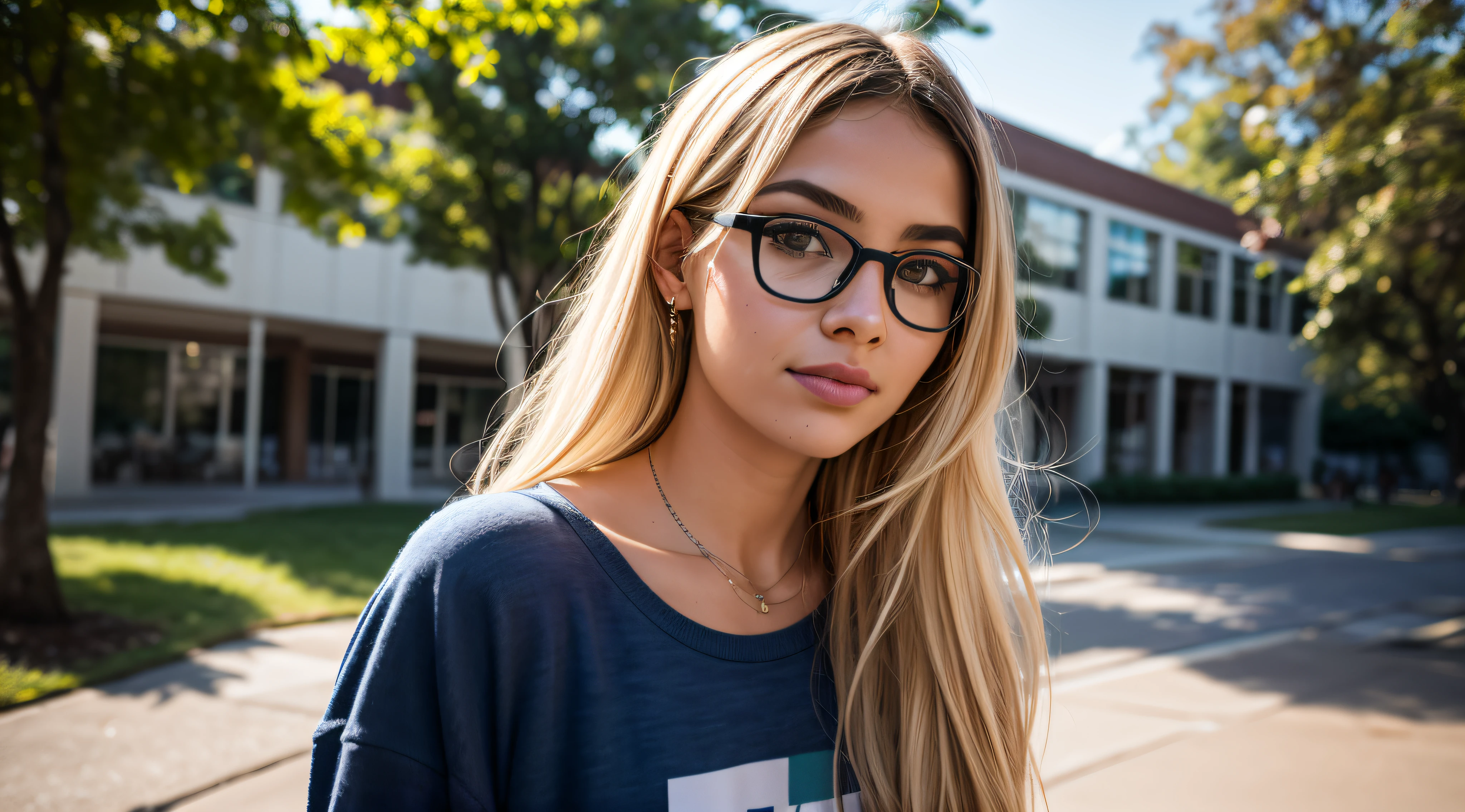 n the soft glow of a sunny afternoon on the college campus, um modelo confiante e vibrante com short, cabelo loiro adornado com as cores do LGBTQI+ espectro exala individualidade e orgulho. With fair skin and a pair of stylish glasses, ela adiciona um toque intelectual ao seu conjunto expressivo e colorido. Vestida com uma roupa moderna, the model shows her unique style. A luz do sol banha o campus com calor, casting a soft play of light and shadows in the environment. The camera expertly captures the subtle details of your appearance, destacando as texturas de suas roupas e os elementos naturais do ambiente. Seu curta, Blonde hair is a canvas for a playful display of LGBTQI+ Cores, creating a dynamic and attractive effect. Colors are carefully woven into the hair, symbolizing inclusion and diversity. Glasses add a touch of sophistication, complementando o visual geral. Facial features are carefully portrayed, capturing the essence of confident and expressive behavior. The glasses enha, Hyperrealism, f/4.0, 35mm, Nikon, Canon, Fujifilm, high details, high quality, super detail, 16k