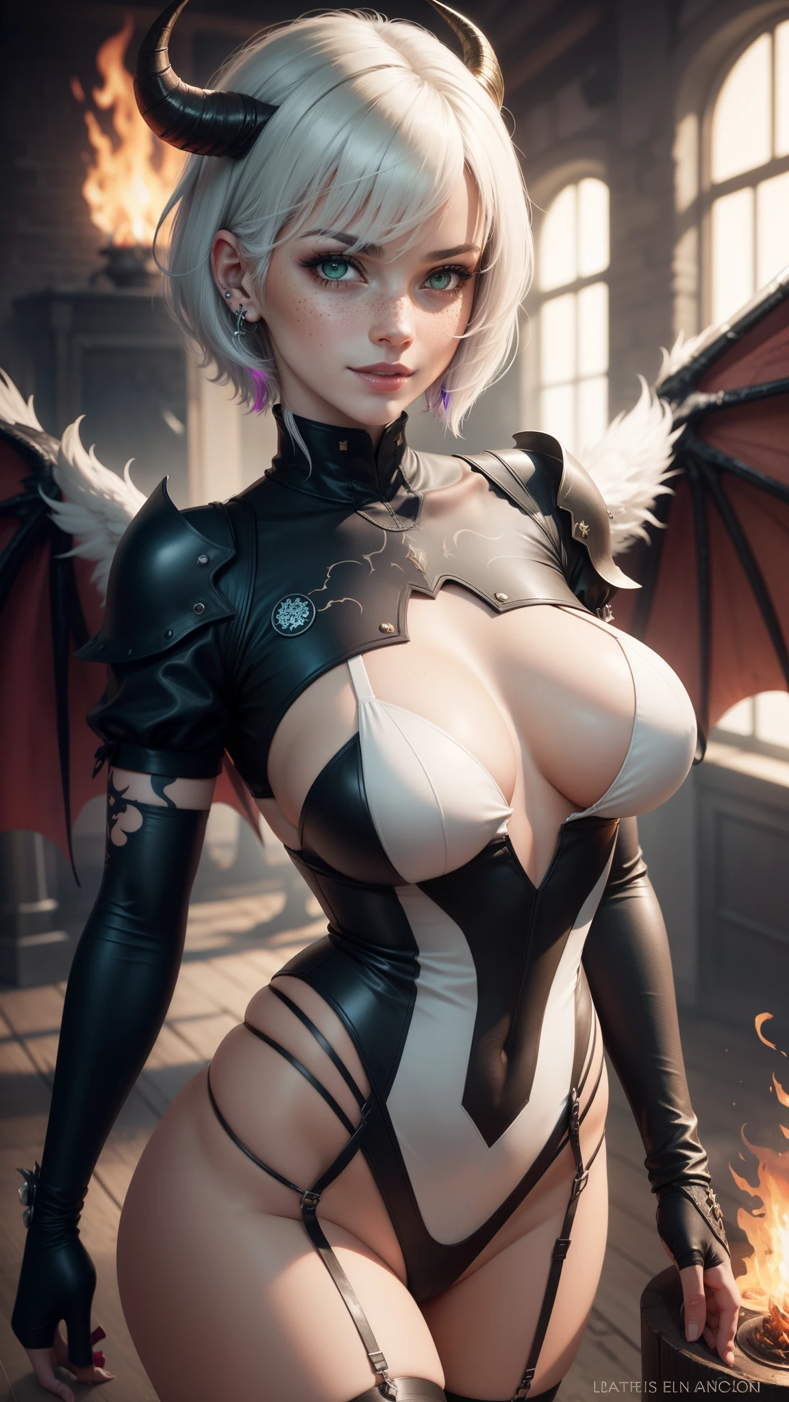 gwen tennyson,tracer,y'shtola rhul, yorha 2b,rebecca chambers,nier automata,dragon's crown,close up,fire dragon castle,tattoos,black and red plugsuit,white short sleeve lycra top,white succubus leotard,demon corset,garter belt,short hair,punk makeup,green glowing eyes,multicolored silver hair,sexy smile,freckles,beautiful girl,large breasts,8k,ultra detailed,realistic,fantasy art,scale armor,fire armor,red succubus uniform,black angel wings,ram horns,ear piercings,head and neck jewelry,walking,