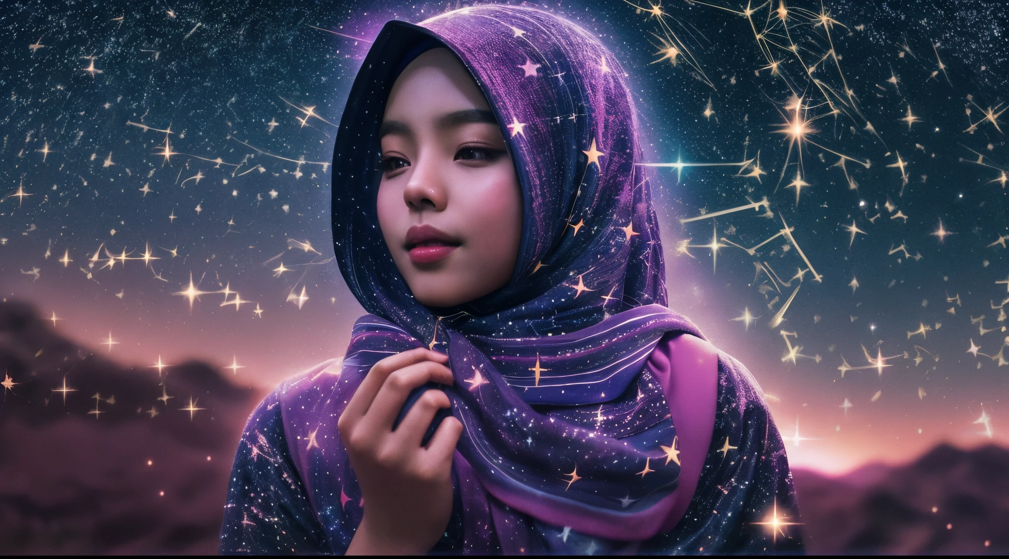 Visualize the Malay girl in hijab as a guardian of the galaxy, with celestial elements like planets and stars surrounding her. Use cosmic colors and lighting to convey her role as a protector of the universe, 28mm lens, Establishing shot, High Contrast cinematography effect, Natural Lighting, Desaturate color grading, high quality, ultra detail, 8k resolution,