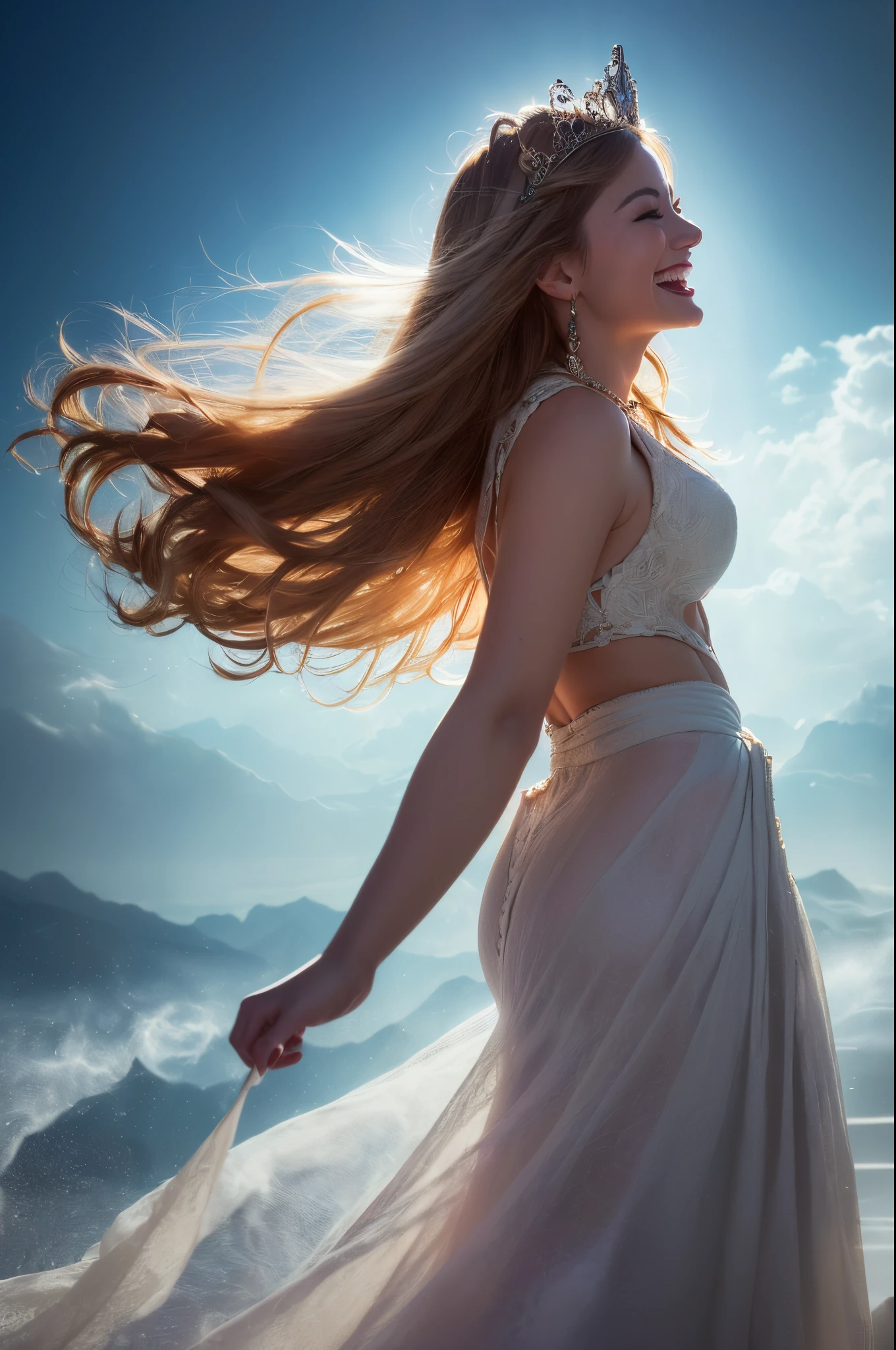 Young goddess, (Her clothes are all flipping up by extremely strong wind:1.4), (wearing robe, tiara, necklace, blonde hair, blue eyes), (background random great nature), (laughing, big smiling), ((dramatic lighting:1.3), surrealism, god rays), ((masterpiece, 8K highest resolution)), wide view, seen from back