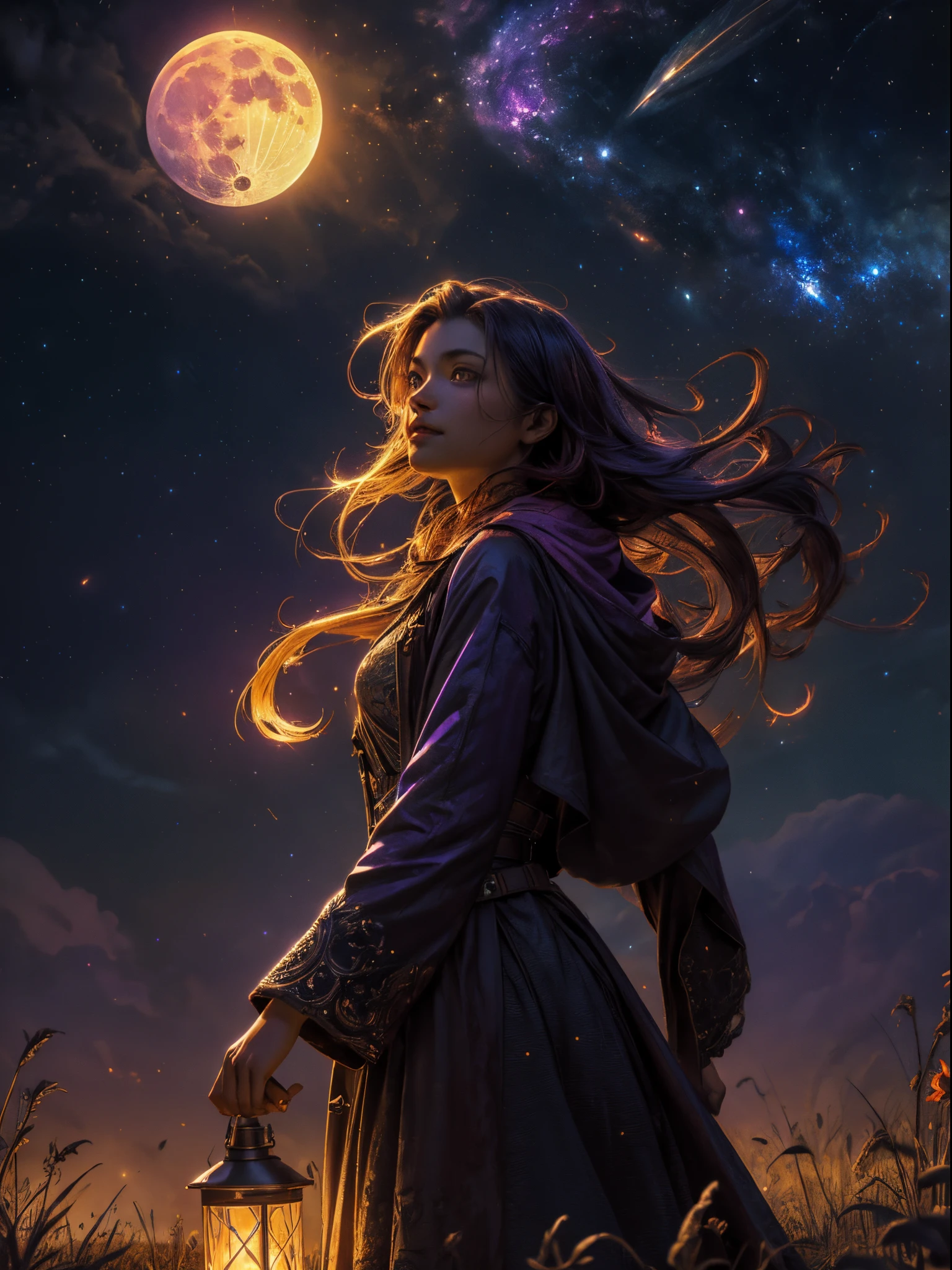 expansive landscape photograph , (a view from below that shows sky above and open field below), a girl standing on flower field looking up, (full moon:1.2), ( shooting stars:0.9), (nebula:1.3), distant mountain, tree BREAK
production art, (warm light source:1.2), (Firefly:1.2), lamp, lot of purple and orange, intricate details, volumetric lighting BREAK
(masterpiece:1.2), (best quality), 4k, ultra-detailed, (dynamic composition:1.4), highly detailed, colorful details,( iridescent colors:1.2), (glowing lighting, atmospheric lighting), dreamy, magical, (solo:1.2)