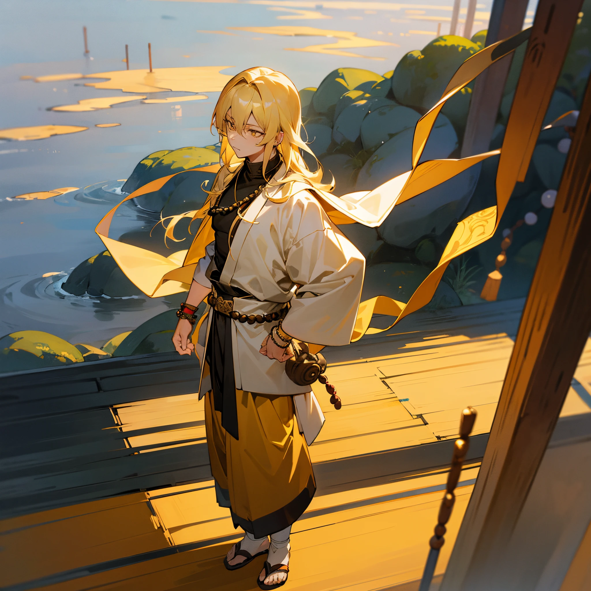 1male, adult, blonde hair, long hair, yellow eyes, black turtle neck, white yukata, prayer beads, bracelets, baggy pants, standing on path, buddhist monastery, muscular