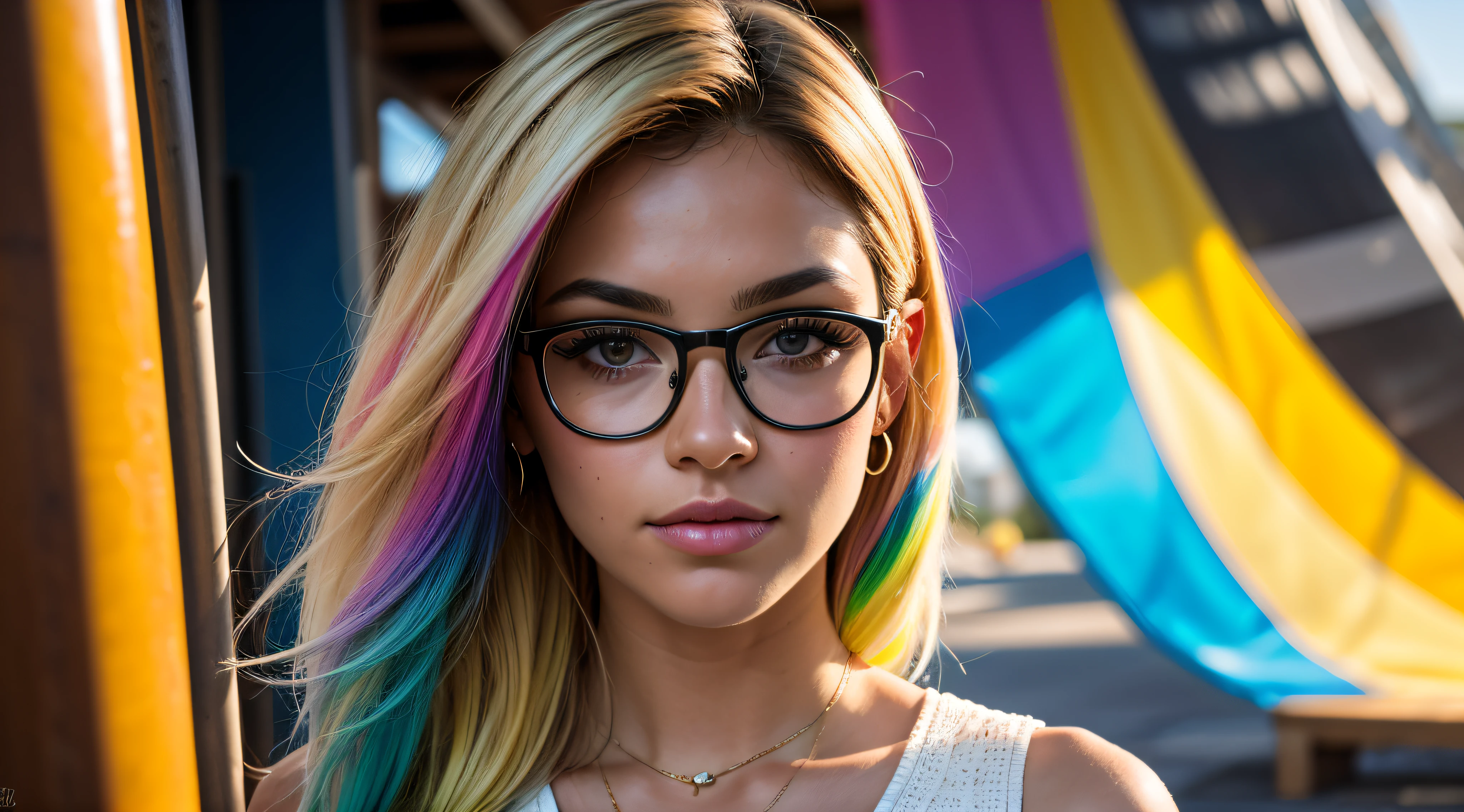 n the soft glow of a sunny afternoon on the college campus, um modelo confiante e vibrante com short, cabelo loiro adornado com as cores do LGBTQI+ espectro exala individualidade e orgulho. With fair skin and a pair of stylish glasses, ela adiciona um toque intelectual ao seu conjunto expressivo e colorido. Vestida com uma roupa moderna, the model shows her unique style. A luz do sol banha o campus com calor, casting a soft play of light and shadows in the environment. The camera expertly captures the subtle details of your appearance, destacando as texturas de suas roupas e os elementos naturais do ambiente. Seu curta, Blonde hair is a canvas for a playful display of LGBTQI+ Cores, creating a dynamic and attractive effect. Colors are carefully woven into the hair, symbolizing inclusion and diversity. Glasses add a touch of sophistication, complementando o visual geral. Facial features are carefully portrayed, capturing the essence of confident and expressive behavior. The glasses enha, Hyperrealism, f/4.0, 35mm, Nikon, Canon, Fujifilm, high details, high quality, super detail, 16k