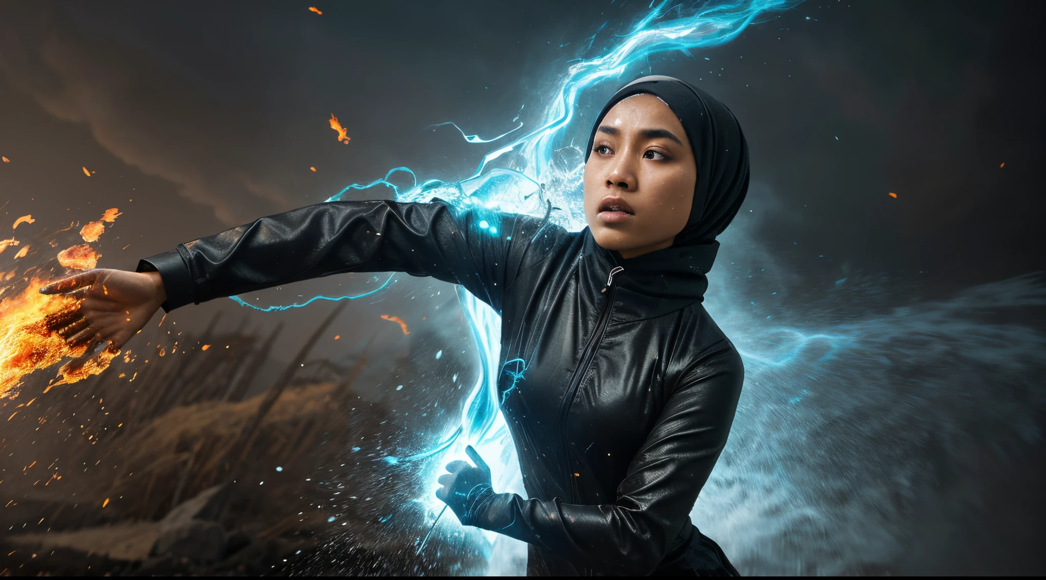 Compose a scene of a Malay girl in hijab harnessing elemental powers—fire, water, or wind. Freeze the action as she clashes with these elements, creating a dynamic and visually striking composition. Use vivid colors to enhance the elemental effects.