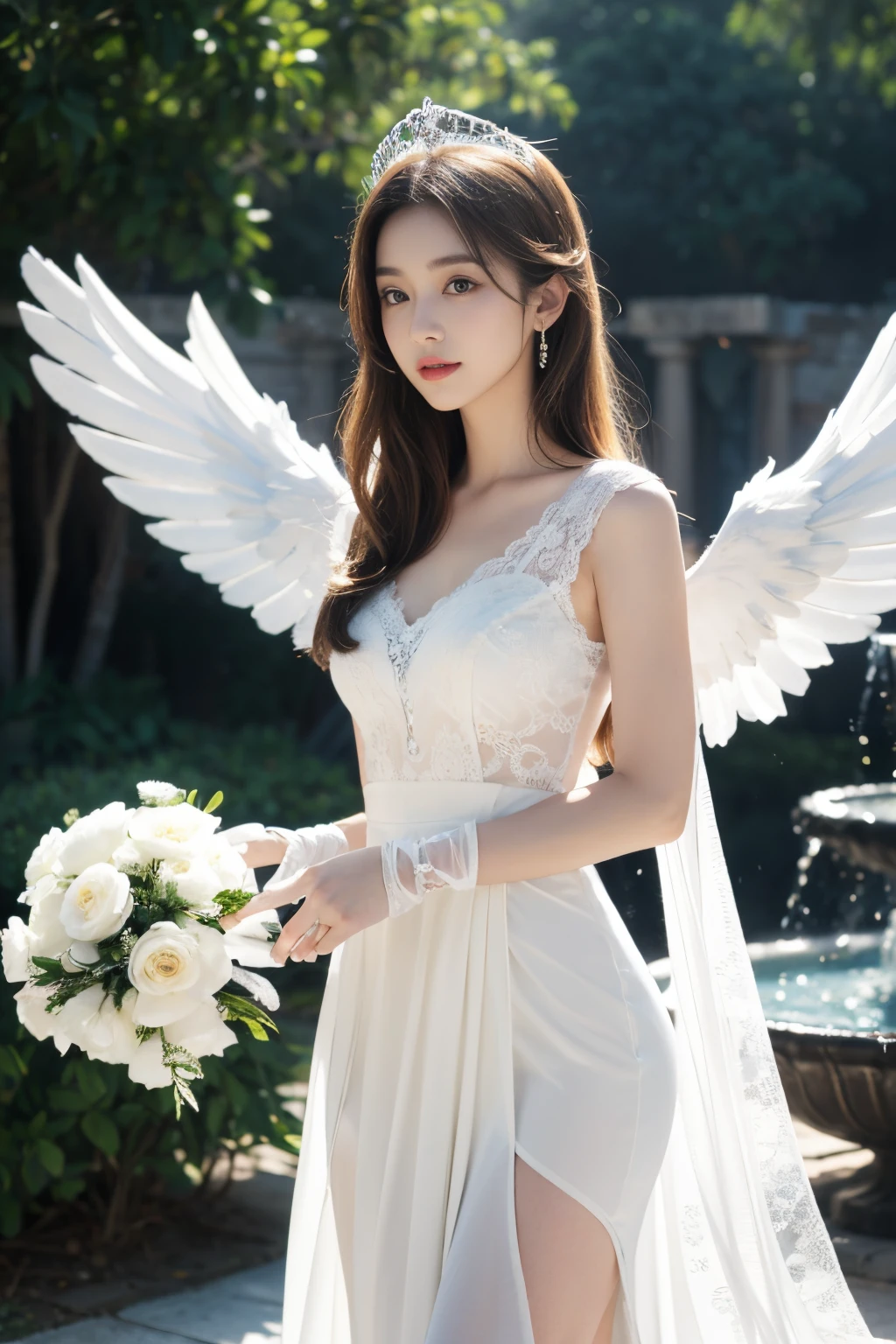 white veil and angel wings