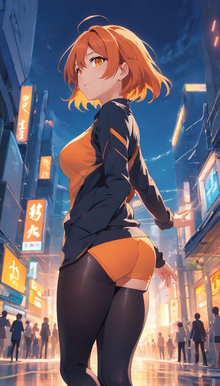 1 female、Orange hair、Fitting black full-body tights、yellow  eyes、thick thighs、a short bob、wide hips、Thigh muscles、Strong thighs、Yellow Hoodie、Sexy ass、eye glass、Sexy、Huge buttocks、Huge breasts