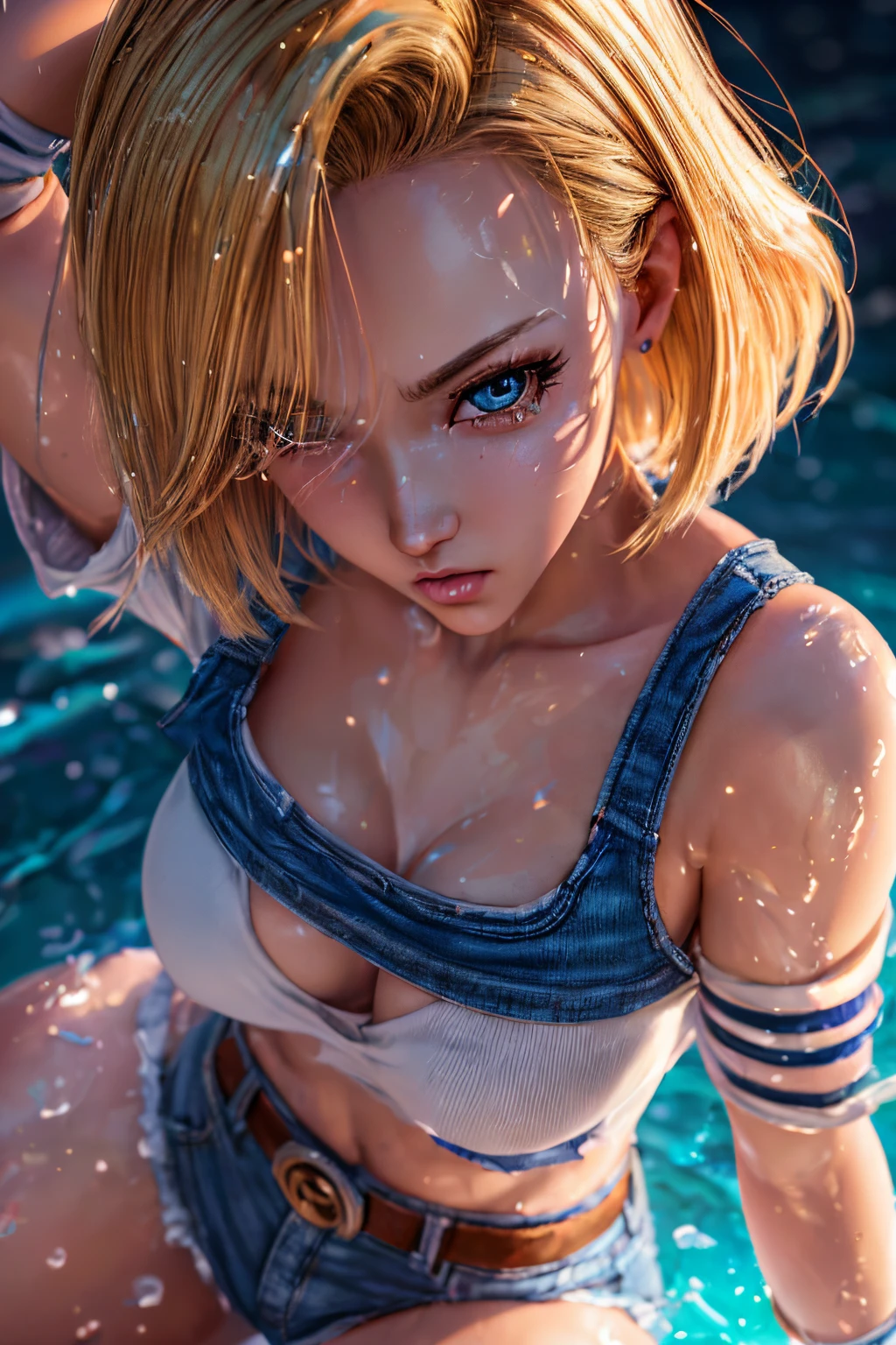 masutepiece, Best Quality, (the Extremely Detailed CG Unity 8K Wallpapers, masutepiece, Best Quality, Ultra-detailed, Best Shadow), (Detailed background), (beautifull detailed face, Beautiful detailed eyes), High contrast, (Best Illumination, extremely delicate and beautiful),1girl in,((colourful paint splashes on transparent background, dulux,)), ((Caustic)), Dynamic Angle,Beautiful detailed glow,Full body, apply splash on face. close-up of woman, Anime girl with short blonde hair and blue jeans posing for a photo, realistic anime 3 d style, Android 18, Seductive Anime Girl, Anime Realism Style, charming anime girls,beautiful alluring anime woman, Similar to android 18,