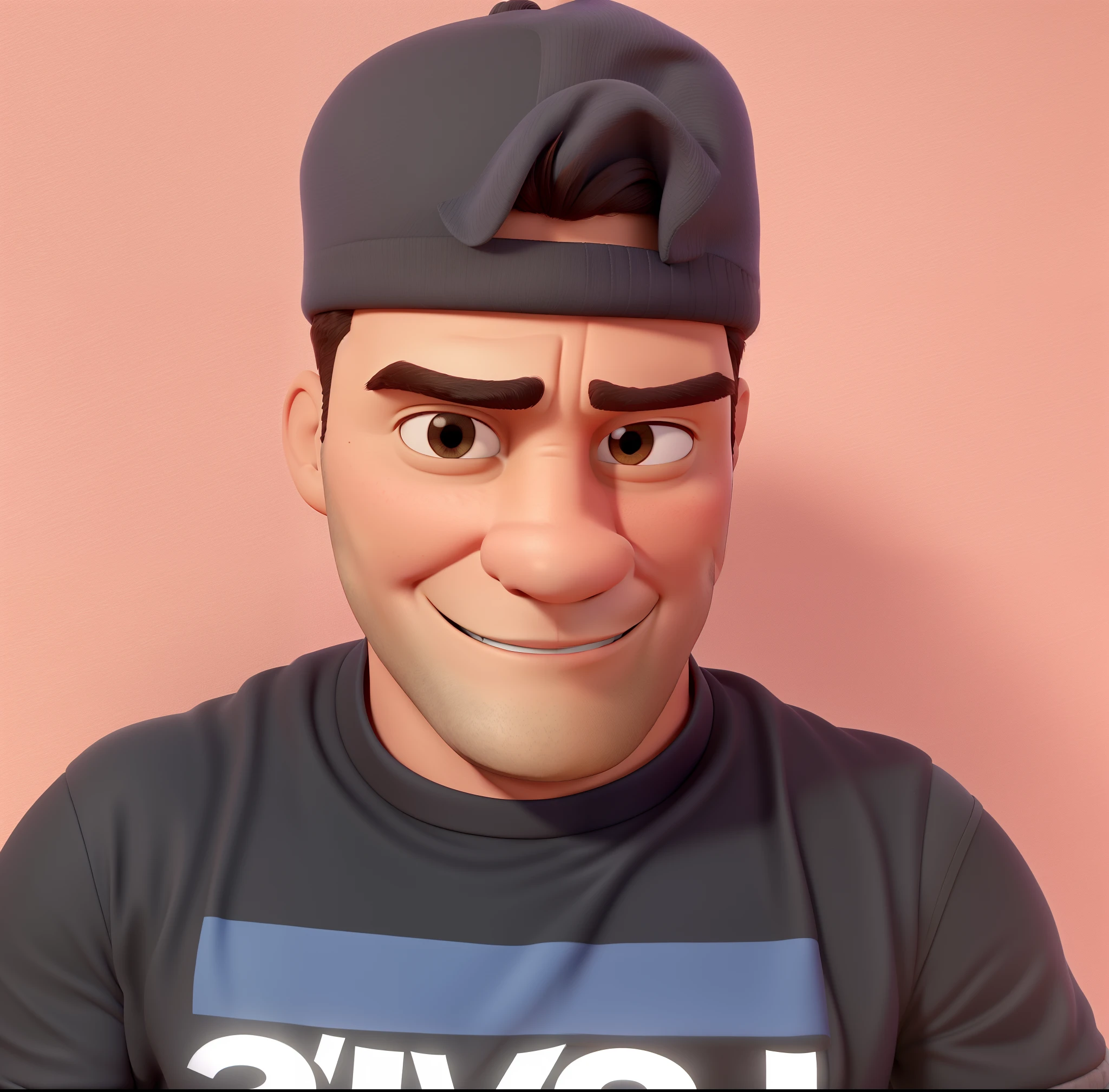um homem  estilo disney pixar com alta qualidade moreno 37 anos com bone preto virado para tras e com camisa preta marca leves ,with silver cord around the neck