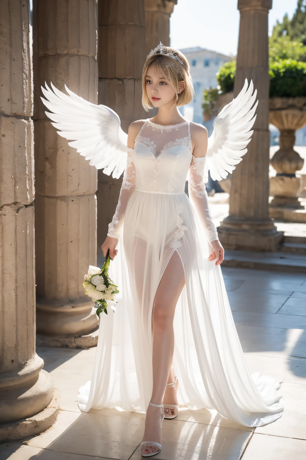 Ancient Greek ruins where only pillars remain、Full-body figure、Walk in front of the fountain、8K、realphoto、超A high resolution, Master Parts, Best Quality, nffsw , cinematic images,Lovely girl、ann、sixteen years old、Anglo-Saxon、二重まぶた、drooing eyes、Very big eyes、eye shadow、 ighly detailed , a blond、Straight short hair、ssmile、 Sweet look 、A little embarrassing、thin lipss ,High nose with beautiful lines、the tip of the nose is small、a very beautiful woman、legs are long、bare-legged、 Very clear shadows , jewely , shiny skins , Perfect Brilliant, Perfect Lighting, Dramatic shadows ,White tiara on head、Greek see-through white dress、White lace knitting on the chest、Large white angel wings from the back of the neck、White transparent veil from the back of the head、White lace gloves、White bouquet held in both hands、high heel transparent glass shoes