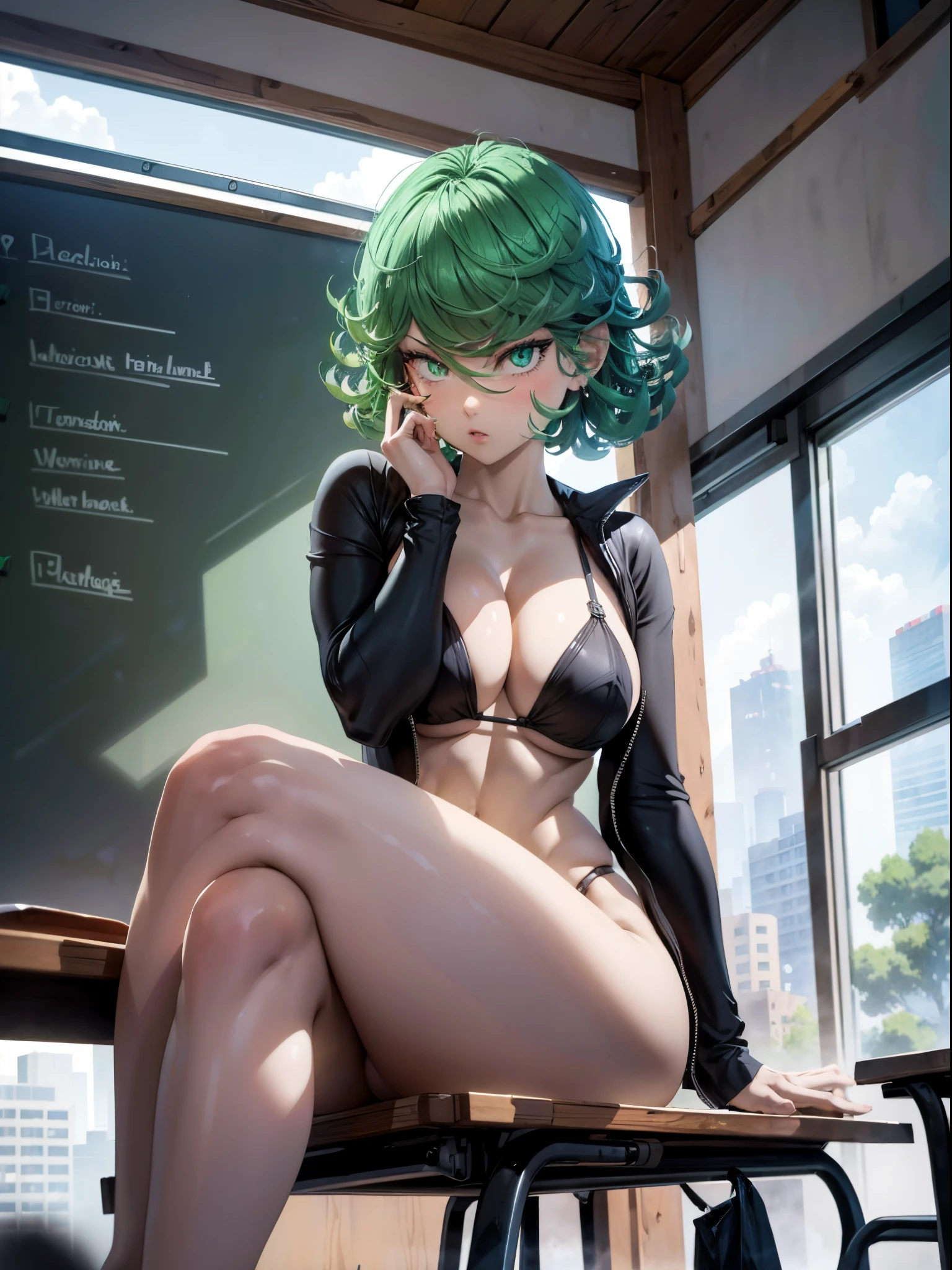 1girl, short green hair, green eyes, ((black bikini, sitting, crossed legs, legs focus, tsundere, looking away, in a chair, classroom)), curvy figure, overlooking city, blush, day
BREAK
(((Masterpiece))), ((Highly detailed character)), ((perfect eyes)), ((perfect face)), ((best quality)), ((perfect hands)), high resolution, highly detailed image, thick thighs
BREAK
Beautiful background, volumetric lighting,