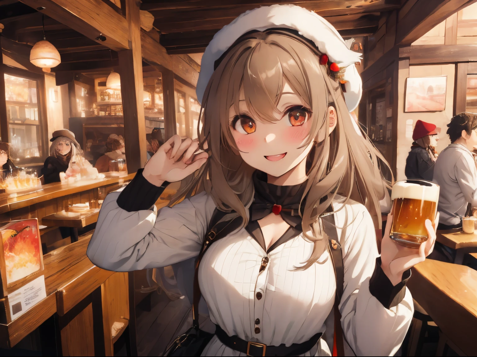 A restaurant full of people with fluffy hair,light brown and white mixed hair,fluffy black hat,Clothes that are so tight that the buttons on the chest are about to burst,Winter clothes with a wide open chest,Warm long skirt with baggy long sleeves,Autumn landscape,Colored leaves,Beer mug in hand,Drinking,cheerful toast pose,Slight red tide,A smile,eyes are shining brightly,Looks excited,AHE Face,ecstacy,Hollow eyes,Drunk,chest is a little red,Lustrous skin,