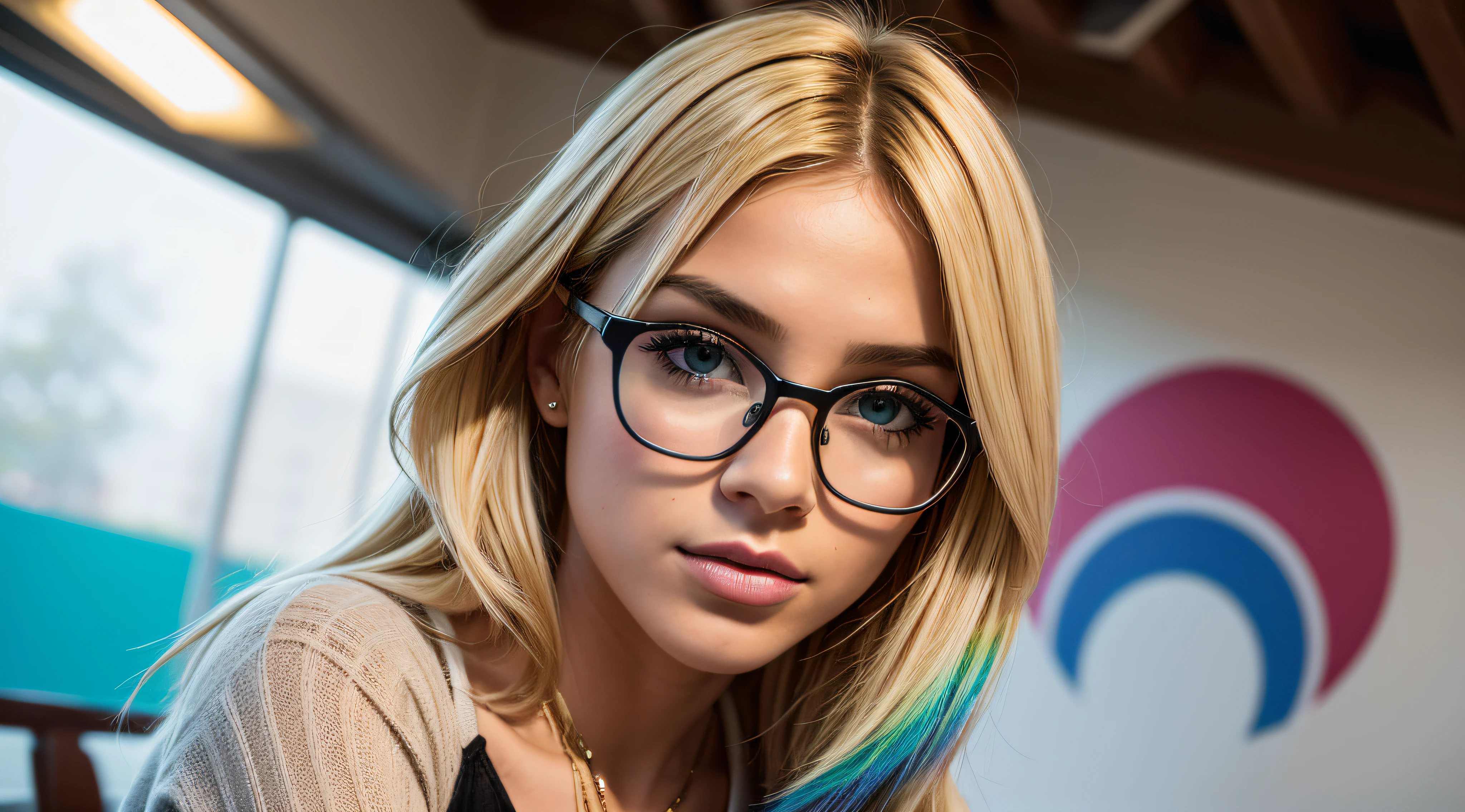 no brilho suave de uma tarde ensolarada no campus da Faculdade, um modelo conFiante e vibrante com short, cabelo loiro adornado com as cores do LGBTQI+ espectro exala individualidade e orgulho. With fair skin and a pair of stylish glasses, ela adiciona um toque intelectual ao seu conjunto expressivo e colorido. Vestida com uma roupa moderna, the model shows her unique style. A luz do sol banha o campus com calor, casting a soft play of light and shadows in the environment. The camera expertly captures the subtle details of your appearance, destacando as texturas de suas roupas e os elementos naturais do ambiente. Seu curta, Blonde hair is a canvas for a playful display of LGBTQI+ cores, creating a dynamic and attractive effect. Colors are carefully woven into the hair, symbolizing inclusion and diversity. Glasses add a touch of sophistication, complementando o visual geral. Facial features are carefully portrayed, capturing the essence of confident and expressive behavior. The glasses enha, hiper-realismo, F/4.0, 35 mm, Nikon, canon, FujiFilm, Detalhes altos, alta qualidade, Super Detalhe, 16k