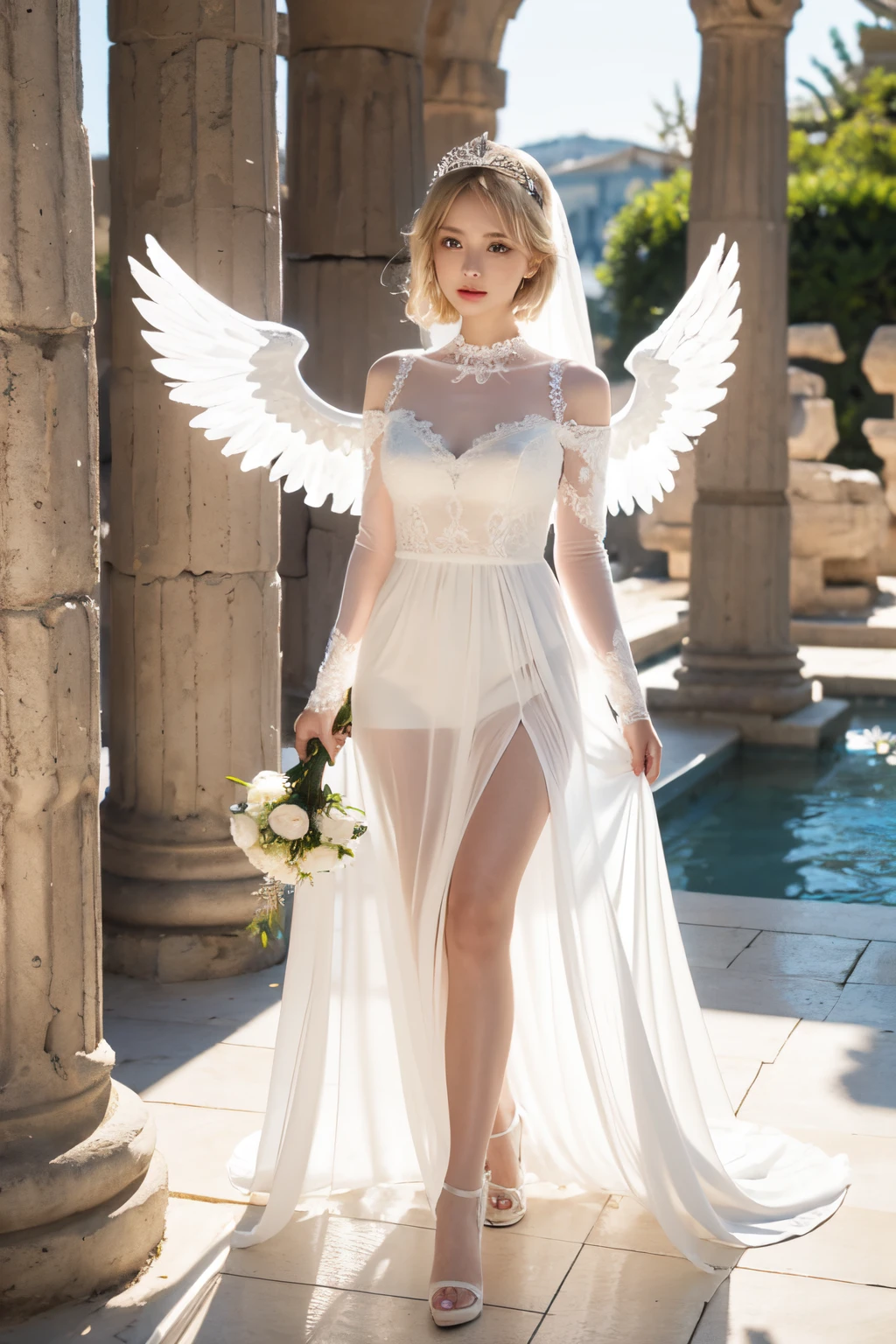 Ancient Greek ruins where only pillars remain、Full-body figure、Walk in front of the fountain、8K、realphoto、超A high resolution, Master Parts, Best Quality, nffsw , cinematic images,Lovely girl、ann、、Anglo-Saxon、二重まぶた、drooing eyes、Very big eyes、eye shadow、 ighly detailed , a blond、Straight short hair、ssmile、 Sweet look 、A little embarrassing、thin lipss ,High nose with beautiful lines、the tip of the nose is small、a very beautiful woman、legs are long、bare-legged、 Very clear shadows , jewely , shiny skins , Perfect Brilliant, Perfect Lighting, Dramatic shadows ,White tiara on head、Greek see-through white dress、White lace knitting on the chest、Large white angel wings from the back of the neck、White transparent veil from the back of the head、White lace gloves、White bouquet held in both hands、high heel transparent glass shoes、Right foot back、Left foot front