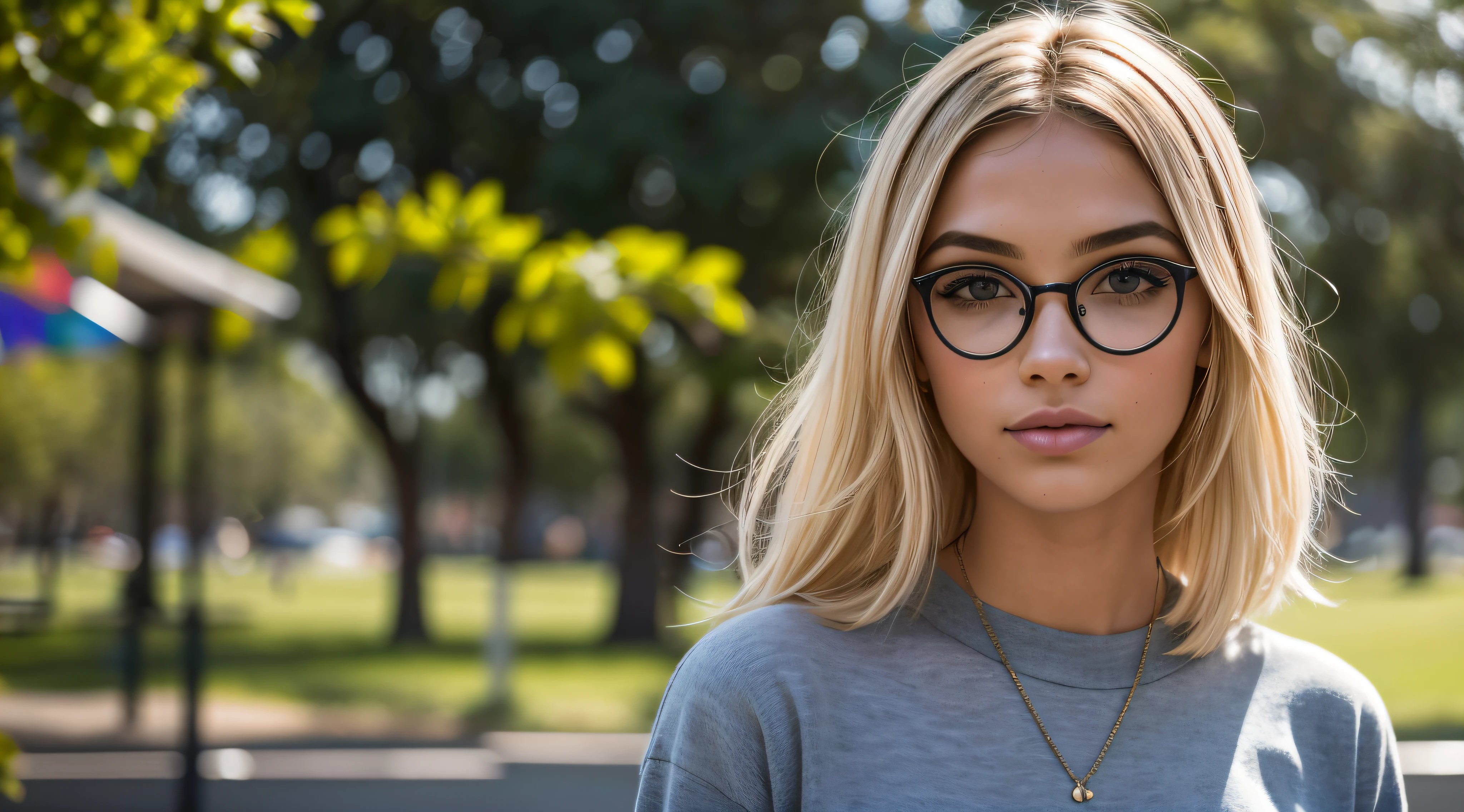 no brilho suave de uma tarde ensolarada no campus da Faculdade, um modelo conFiante e vibrante com short, cabelo loiro adornado com as cores do LGBTQI+ espectro exala individualidade e orgulho. With fair skin and a pair of stylish glasses, ela adiciona um toque intelectual ao seu conjunto expressivo e colorido. Vestida com uma roupa moderna, the model shows her unique style. A luz do sol banha o campus com calor, casting a soft play of light and shadows in the environment. The camera expertly captures the subtle details of your appearance, destacando as texturas de suas roupas e os elementos naturais do ambiente. Seu curta, Blonde hair is a canvas for a playful display of LGBTQI+ cores, creating a dynamic and attractive effect. Colors are carefully woven into the hair, symbolizing inclusion and diversity. Glasses add a touch of sophistication, complementando o visual geral. Facial features are carefully portrayed, capturing the essence of confident and expressive behavior. The glasses enha, hiper-realismo, F/4.0, 35 mm, Nikon, canon, FujiFilm, Detalhes altos, alta qualidade, Super Detalhe, 16k